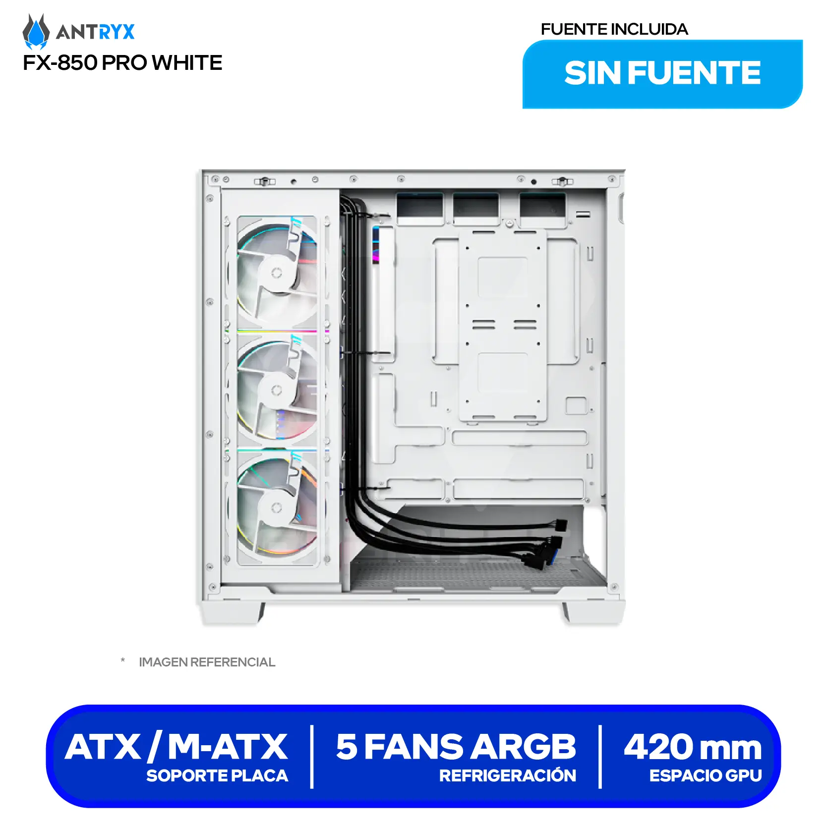 Case Antryx FX 850 Pro White (AC-FX850WP) Sin fuente, Vidrio templado, 5 fans ARGB