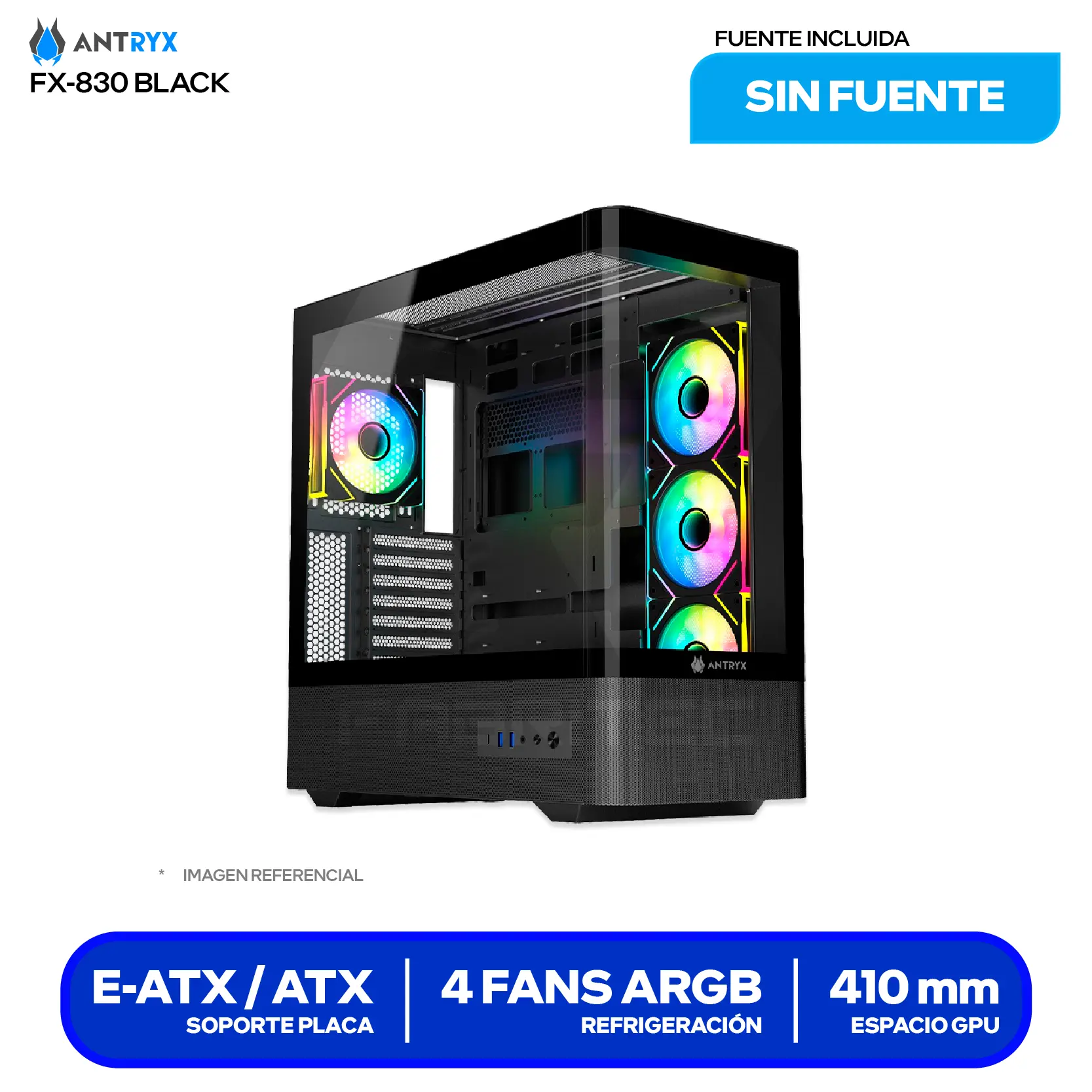 Case Antryx FX 830 Black (AC-FX830K) Sin fuente, Vidrio templado curvo, 4 fans ARGB