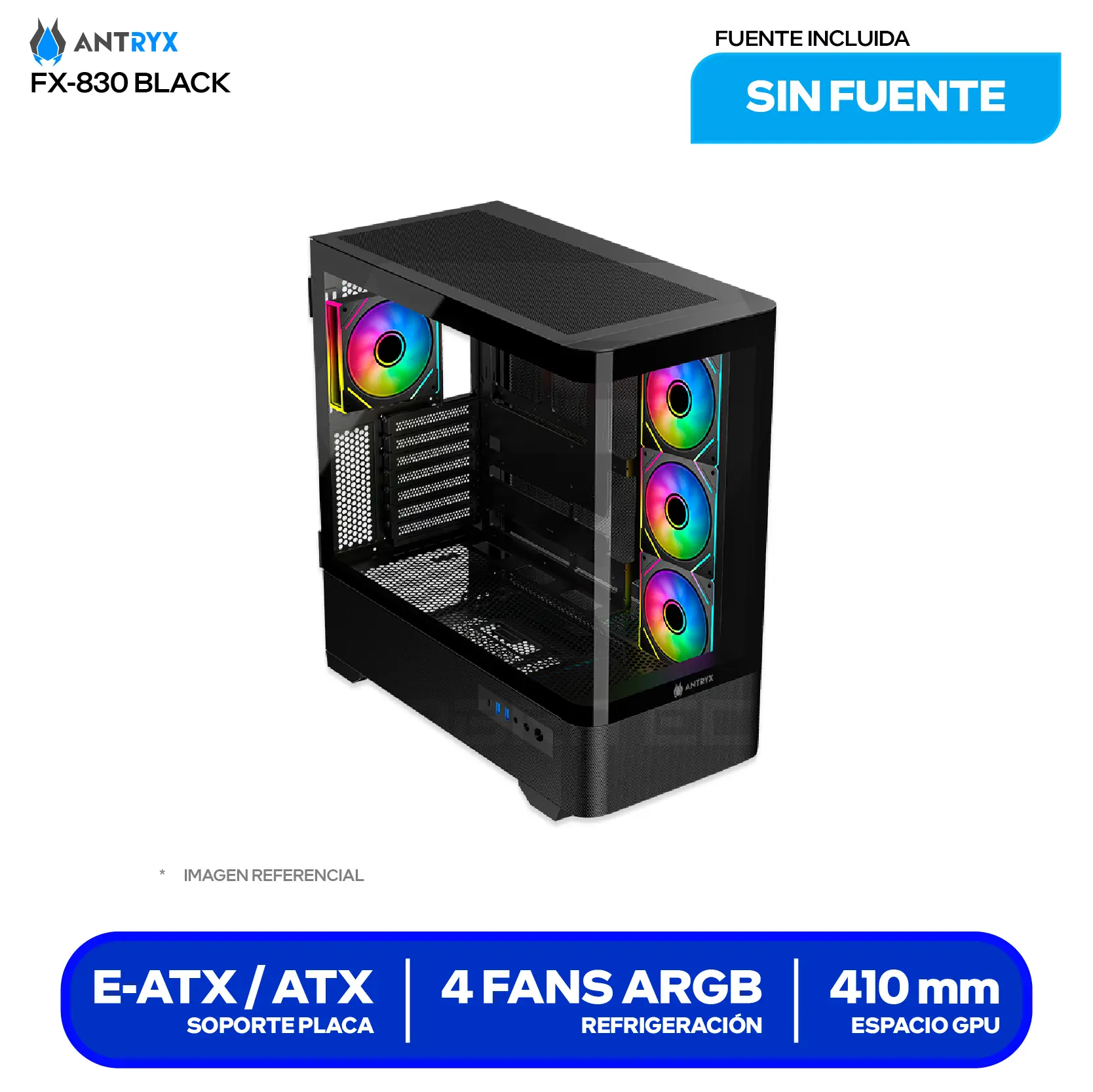 Case Antryx FX 830 Black (AC-FX830K) Sin fuente, Vidrio templado curvo, 4 fans ARGB