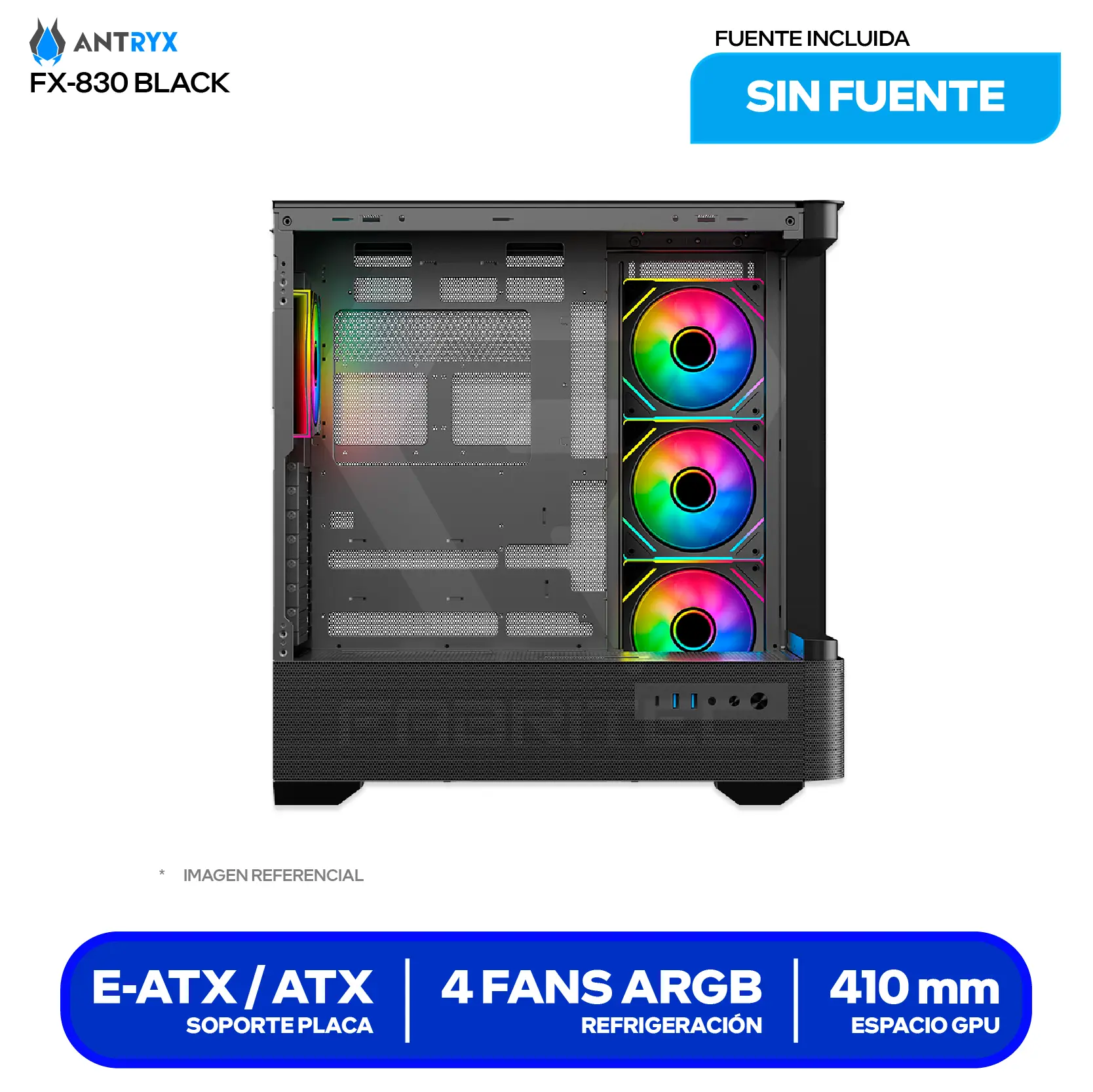 Case Antryx FX 830 Black (AC-FX830K) Sin fuente, Vidrio templado curvo, 4 fans ARGB