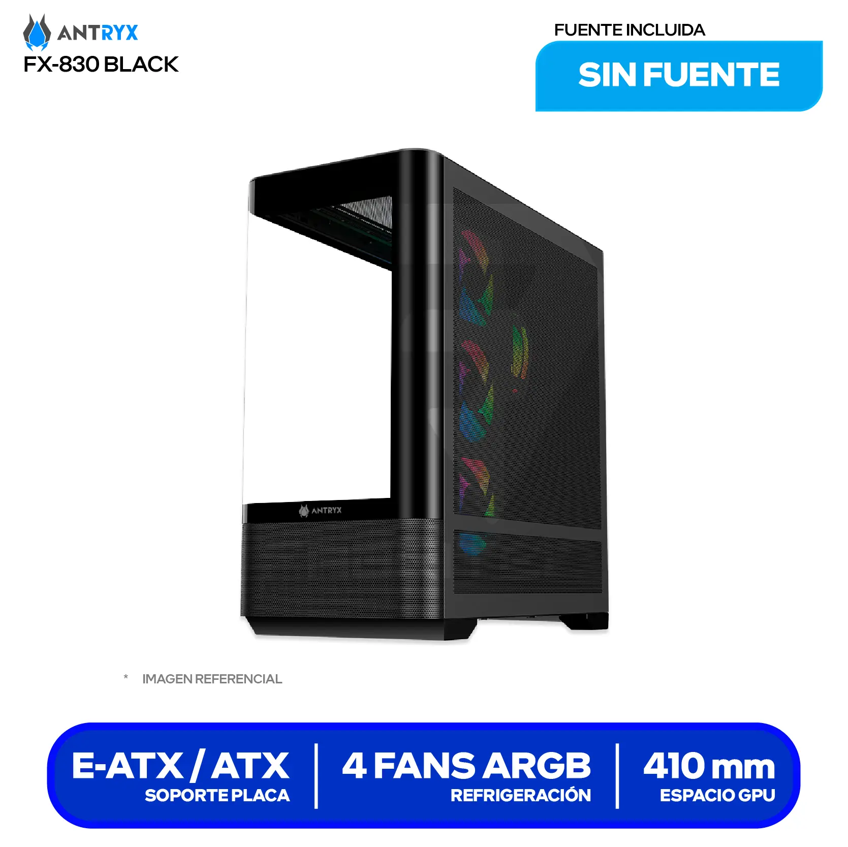 Case Antryx FX 830 Black (AC-FX830K) Sin fuente, Vidrio templado curvo, 4 fans ARGB