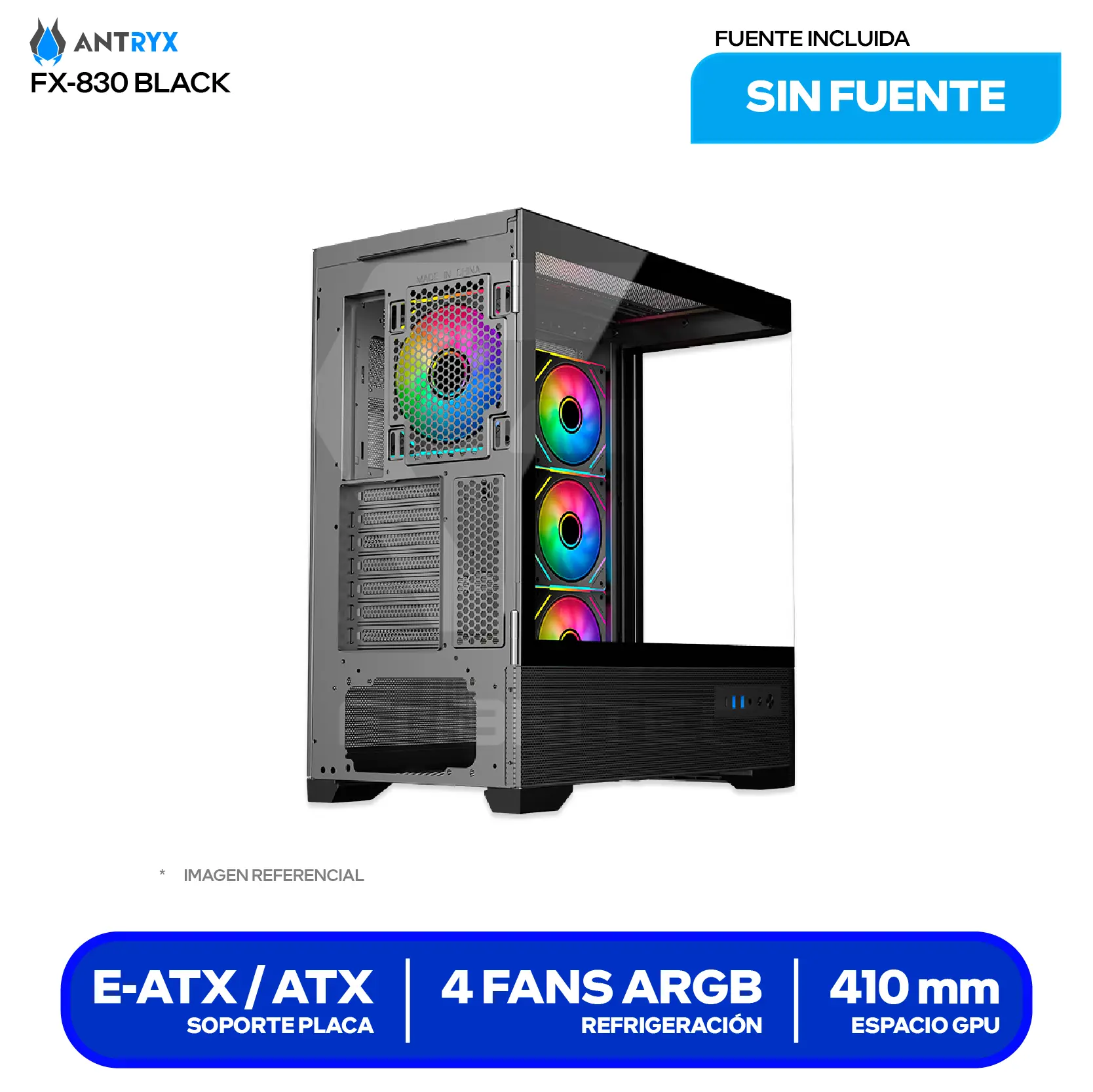 Case Antryx FX 830 Black (AC-FX830K) Sin fuente, Vidrio templado curvo, 4 fans ARGB