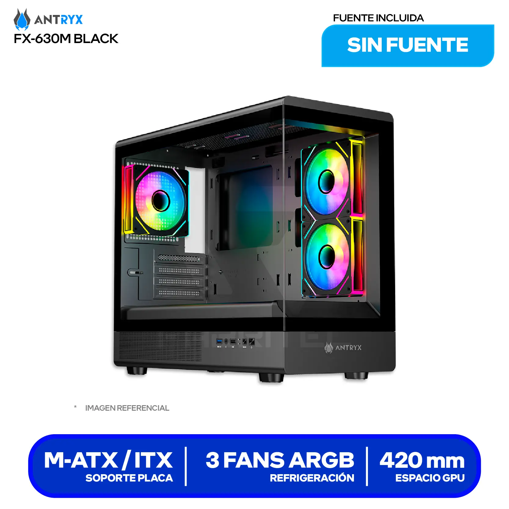 Case Antryx FX 630M Mini Tower Black (AC-FX630MK) Sin fuente, Vidrio templado, 3 fans ARGB