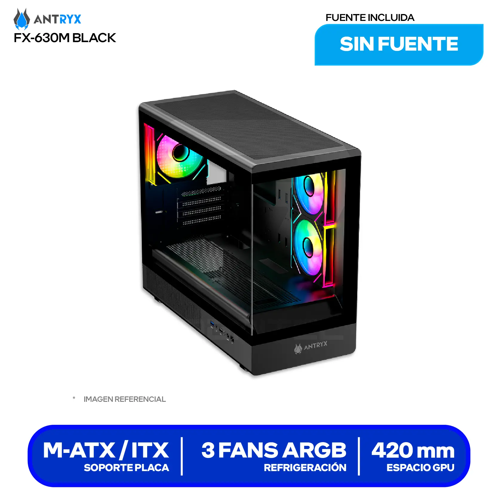 Case Antryx FX 630M Mini Tower Black (AC-FX630MK) Sin fuente, Vidrio templado, 3 fans ARGB