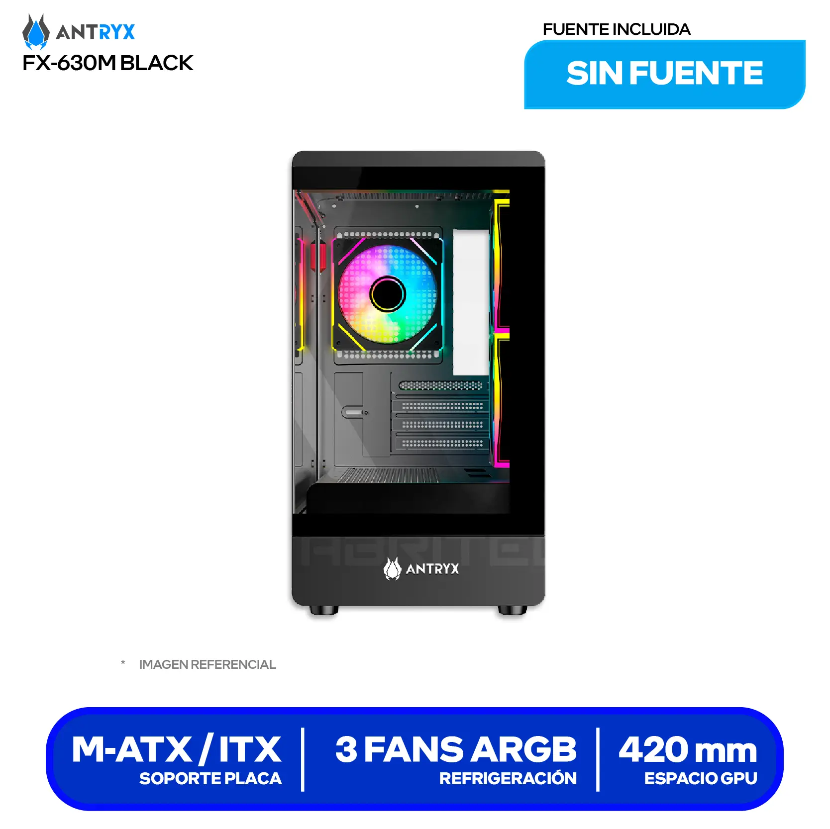 Case Antryx FX 630M Mini Tower Black (AC-FX630MK) Sin fuente, Vidrio templado, 3 fans ARGB