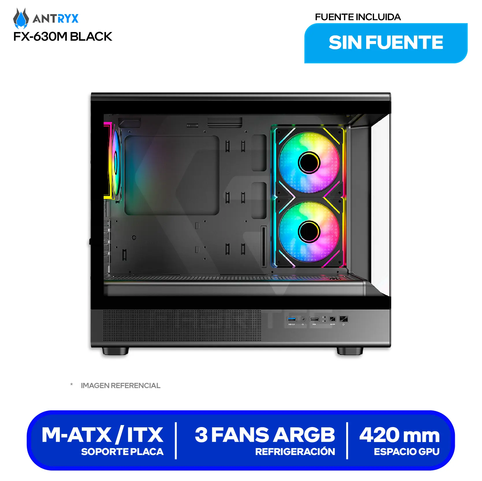 Case Antryx FX 630M Mini Tower Black (AC-FX630MK) Sin fuente, Vidrio templado, 3 fans ARGB
