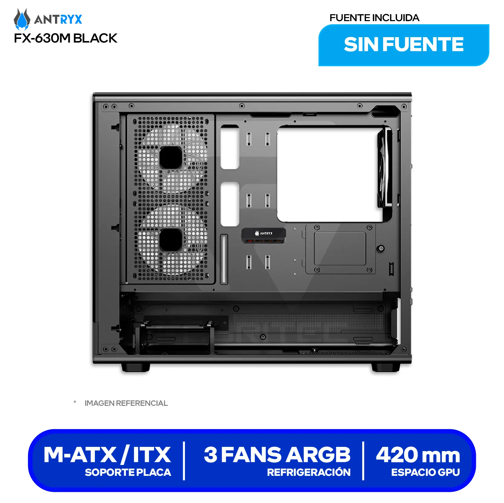 Case Antryx FX 630M Mini Tower Black (AC-FX630MK) Sin fuente, Vidrio templado, 3 fans ARGB