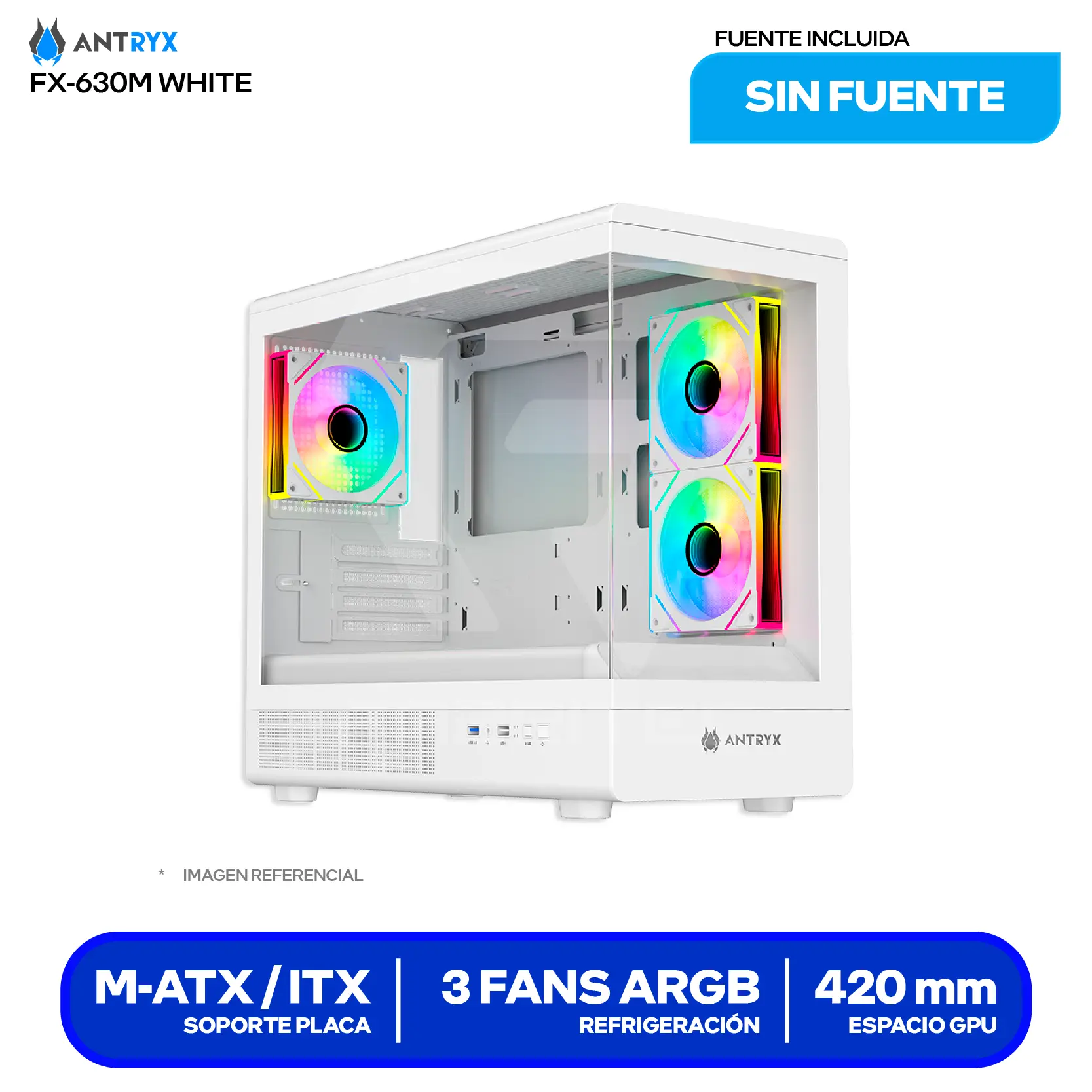 Case Antryx FX 630M Mini Tower White (AC-FX630MW) Sin fuente, Vidrio templado, 3 fans ARGB