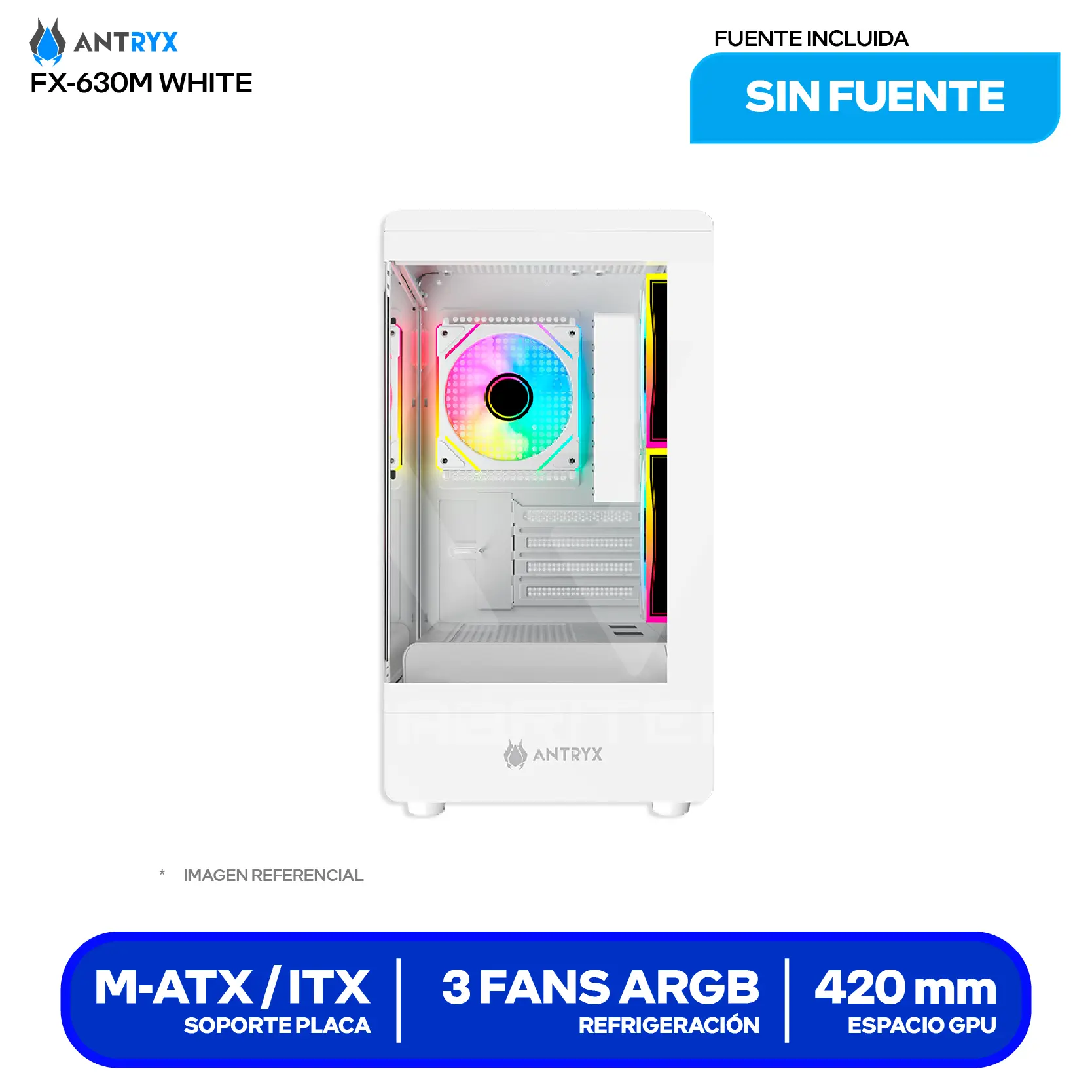 Case Antryx FX 630M Mini Tower White (AC-FX630MW) Sin fuente, Vidrio templado, 3 fans ARGB