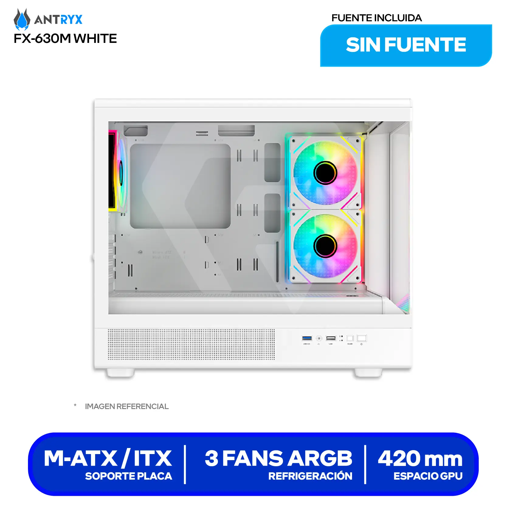 Case Antryx FX 630M Mini Tower White (AC-FX630MW) Sin fuente, Vidrio templado, 3 fans ARGB