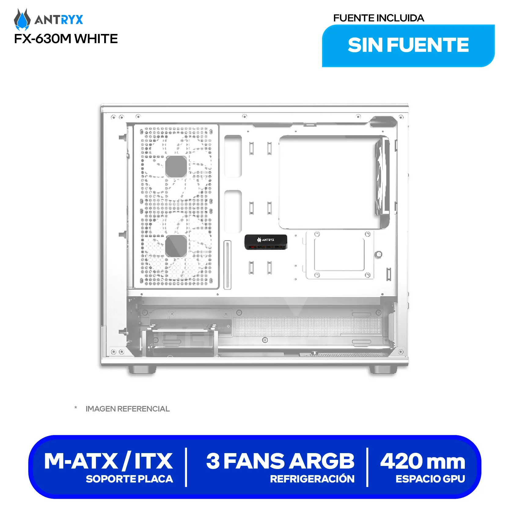 Case Antryx FX 630M Mini Tower White (AC-FX630MW) Sin fuente, Vidrio templado, 3 fans ARGB