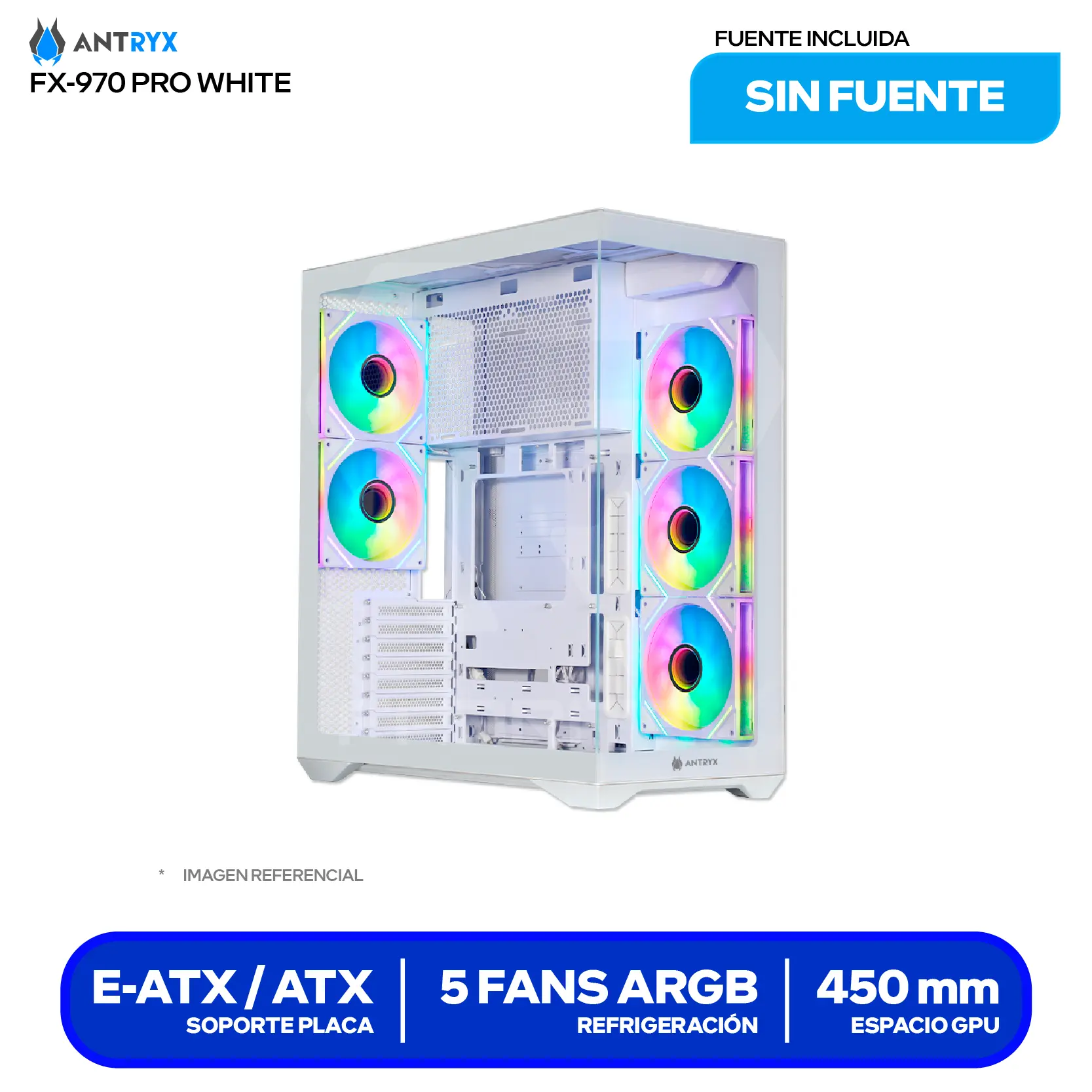 Case Antryx FX 970 Pro White (AC-FX970WP) Sin fuente, Vidrio templado, 5 fans ARGB