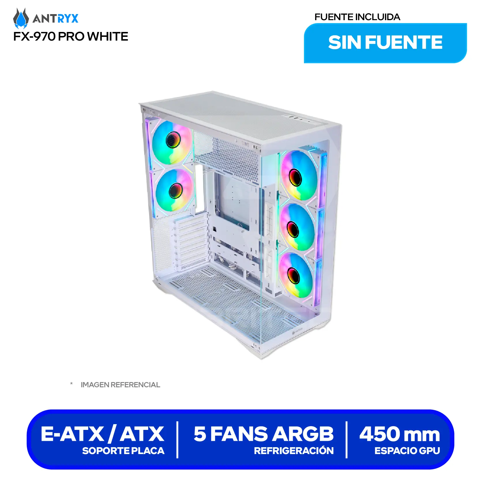 Case Antryx FX 970 Pro White (AC-FX970WP) Sin fuente, Vidrio templado, 5 fans ARGB