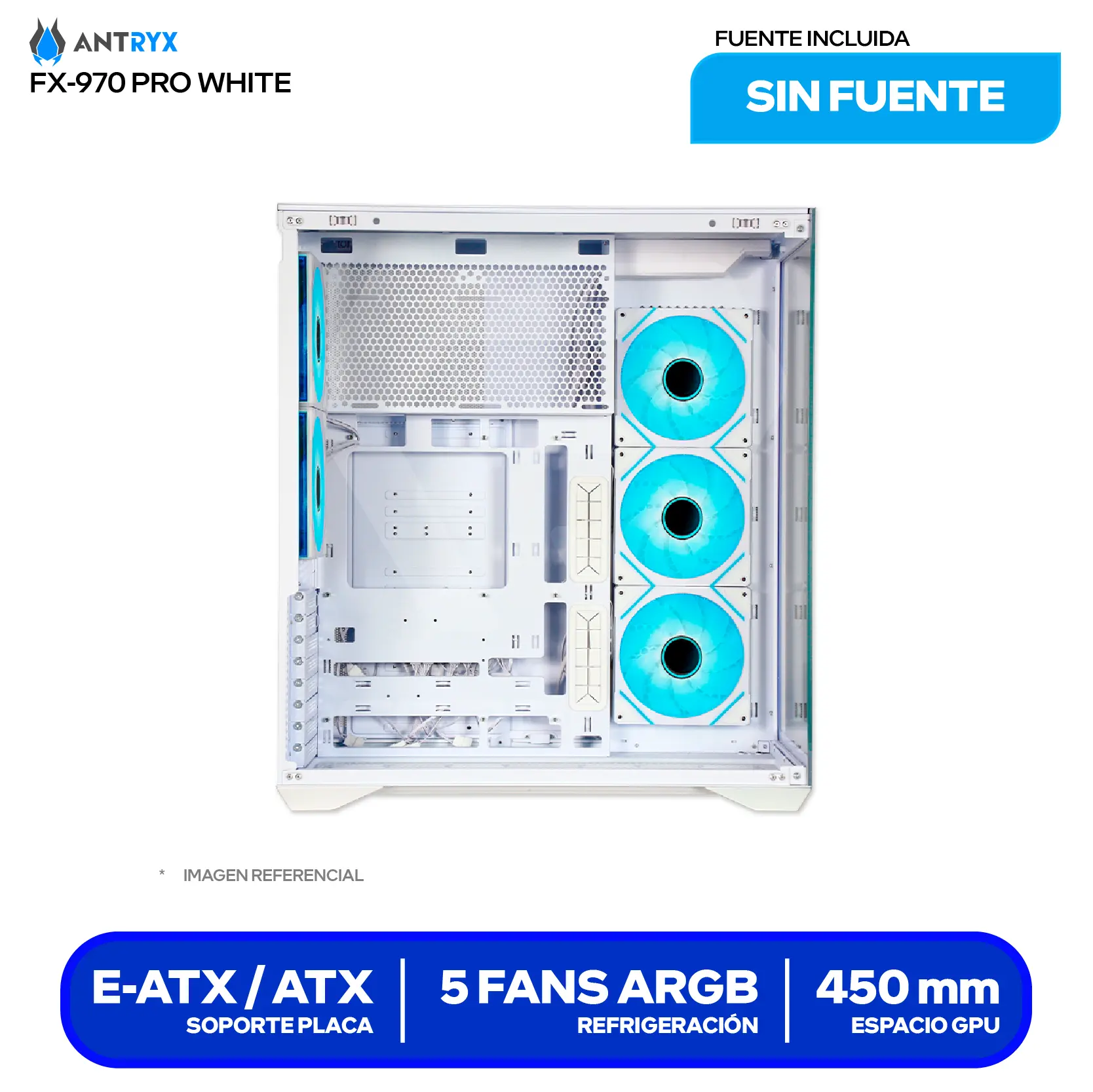 Case Antryx FX 970 Pro White (AC-FX970WP) Sin fuente, Vidrio templado, 5 fans ARGB