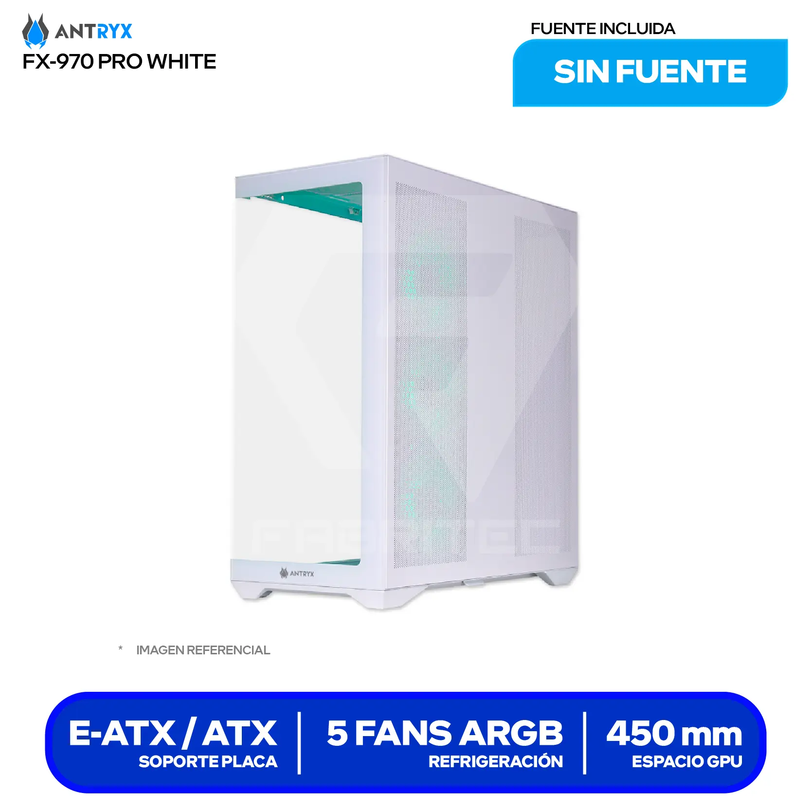 Case Antryx FX 970 Pro White (AC-FX970WP) Sin fuente, Vidrio templado, 5 fans ARGB