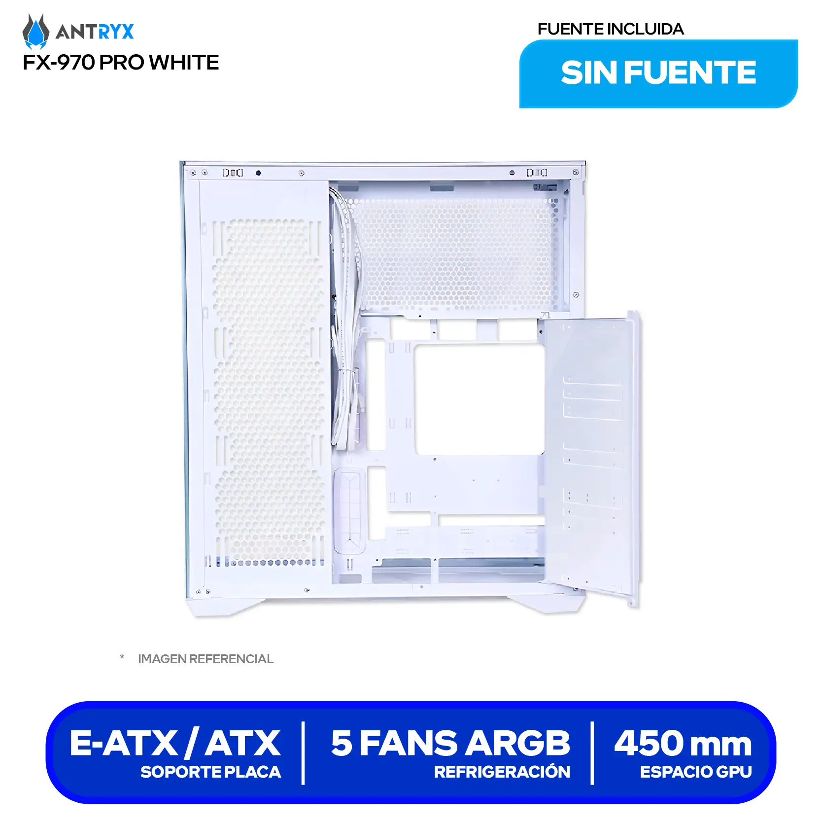 Case Antryx FX 970 Pro White (AC-FX970WP) Sin fuente, Vidrio templado, 5 fans ARGB