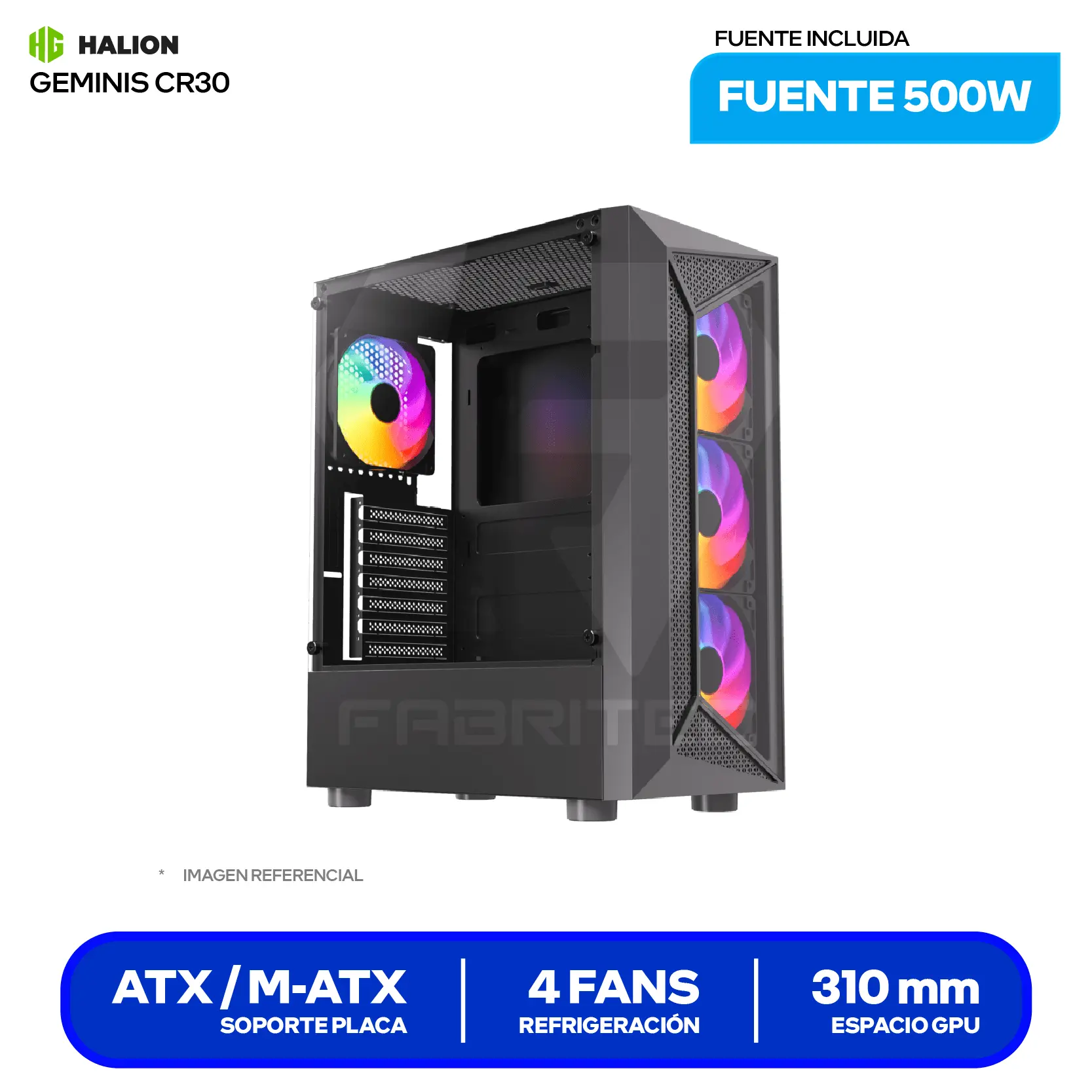 Case Halion Geminis CR30 (CR30) Con fuente de 500W, Vidrio templado, 4 fans Rainbow