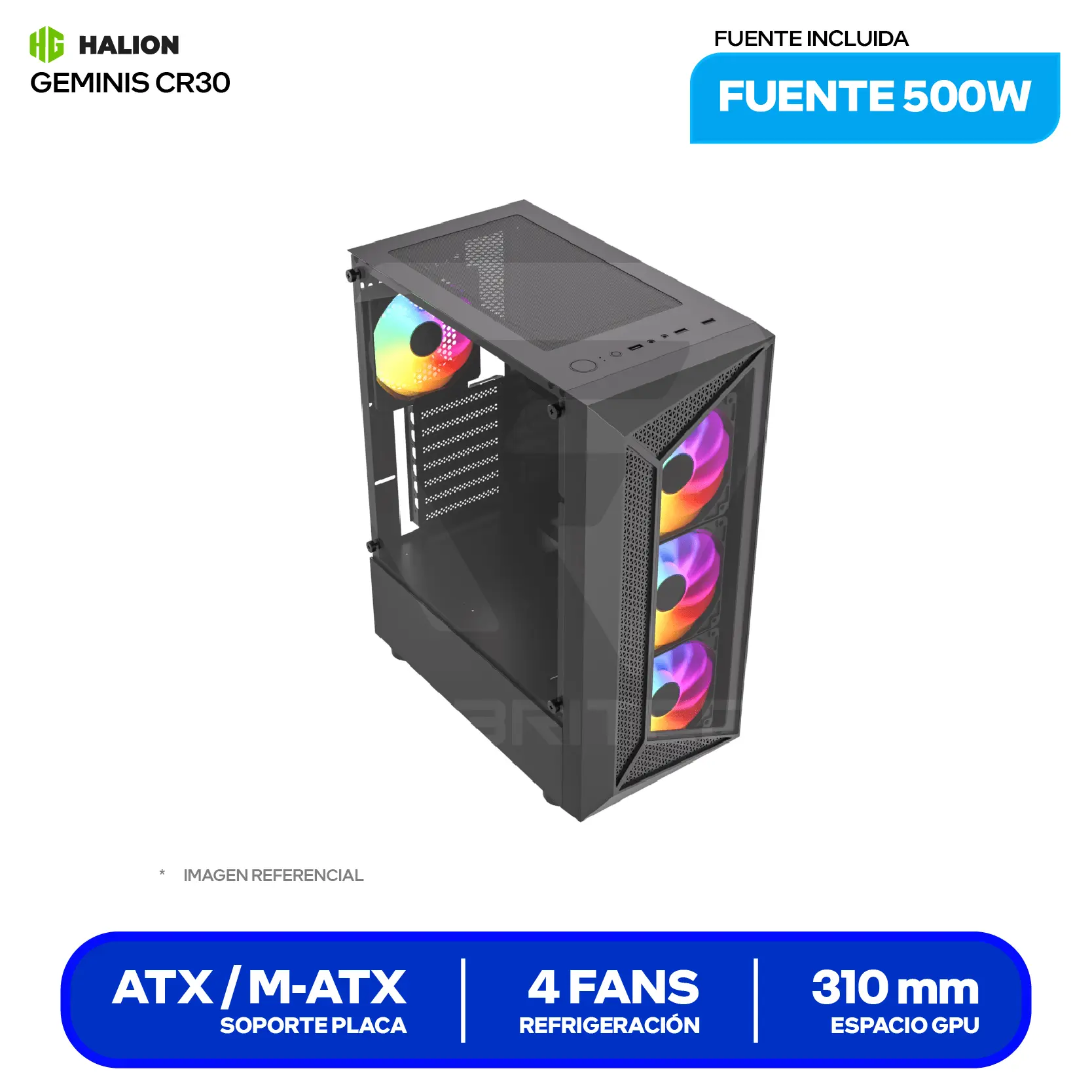 Case Halion Geminis CR30 (CR30) Con fuente de 500W, Vidrio templado, 4 fans Rainbow