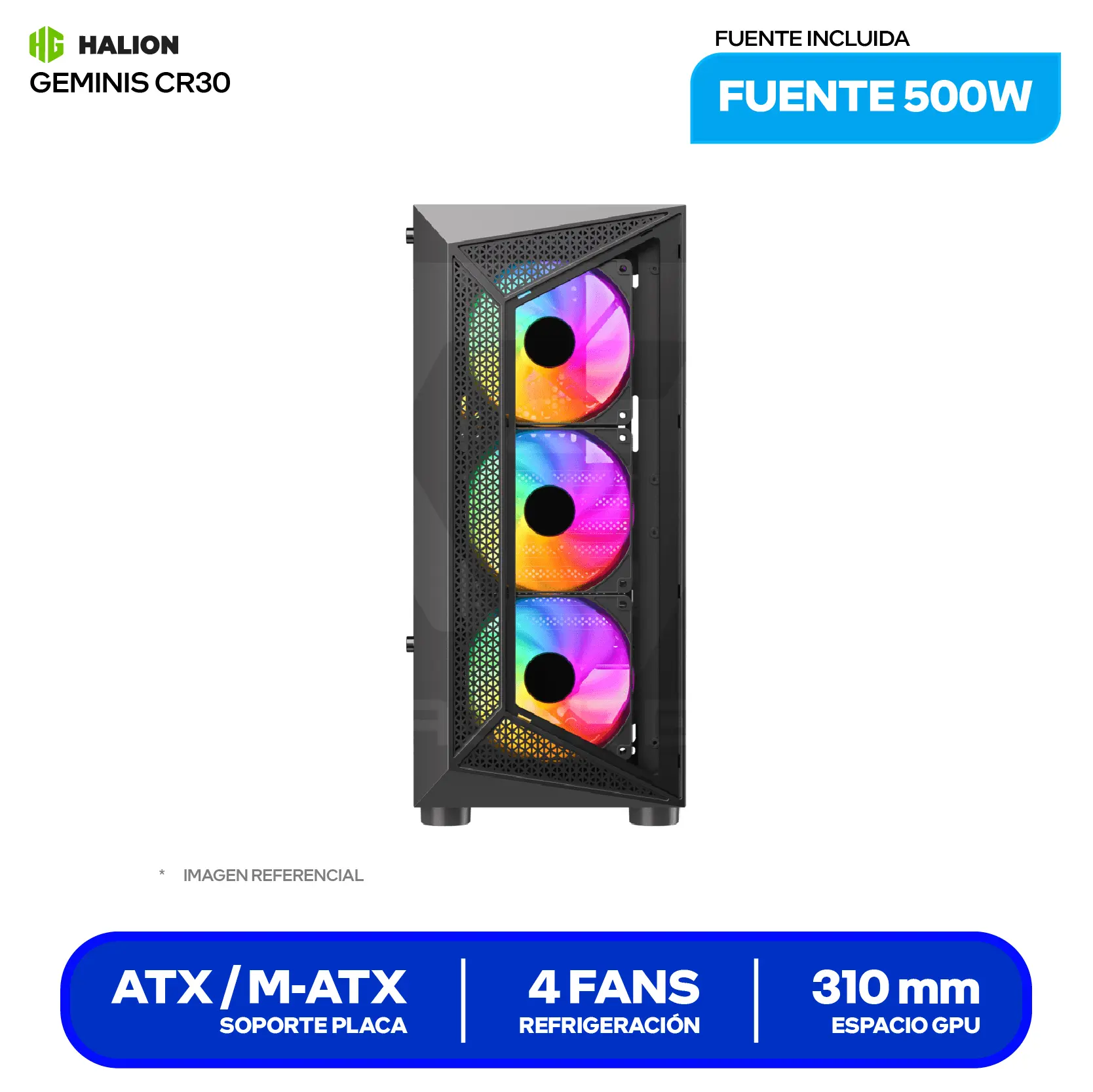 Case Halion Geminis CR30 (CR30) Con fuente de 500W, Vidrio templado, 4 fans Rainbow