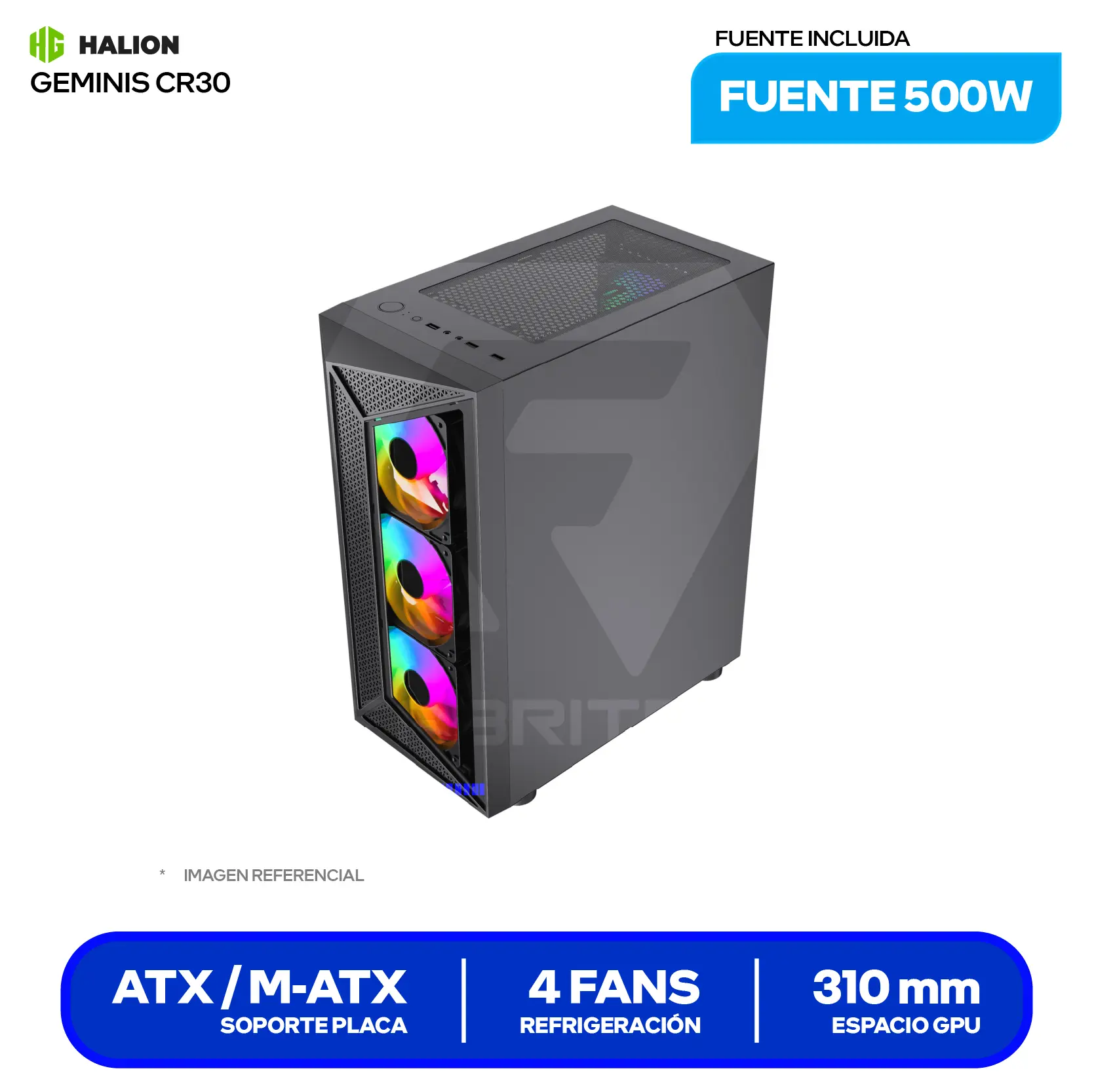 Case Halion Geminis CR30 (CR30) Con fuente de 500W, Vidrio templado, 4 fans Rainbow