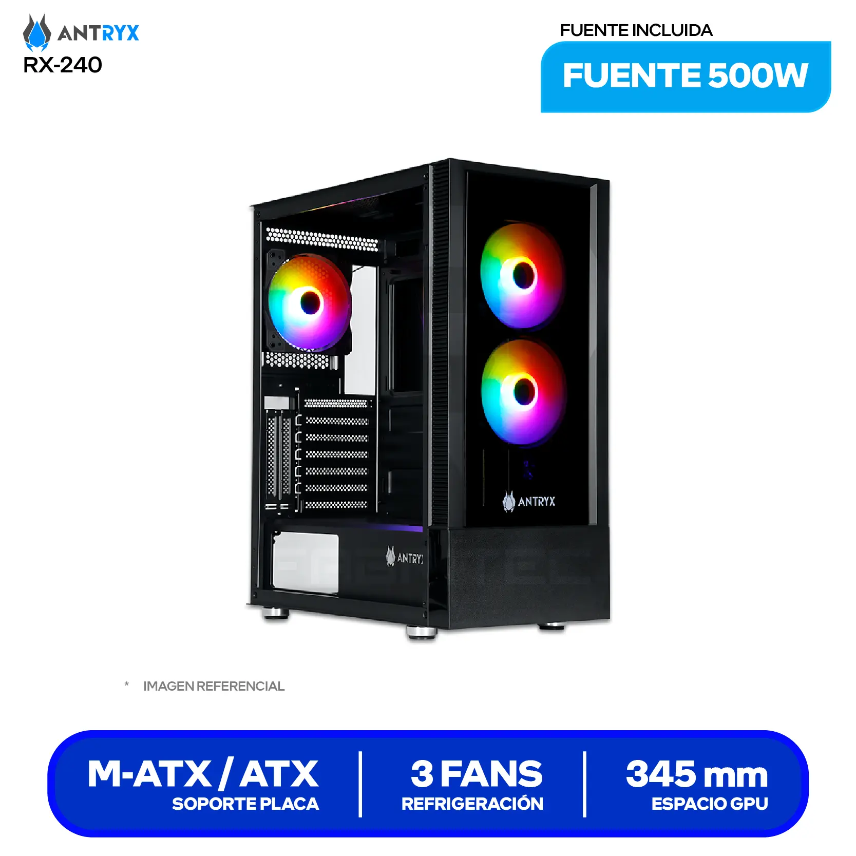 Case Antryx RX-240 (AC-RX240KFR-500CP) Con fuente de 500W, Vidrio templado, 3 fans Fixed-RGB