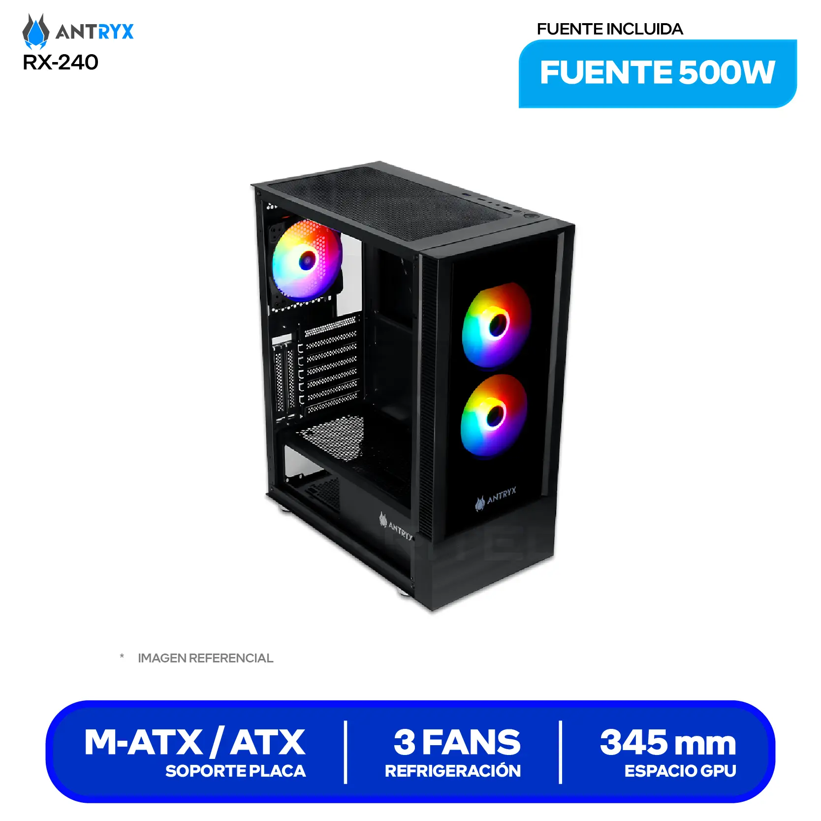 Case Antryx RX-240 (AC-RX240KFR-500CP) Con fuente de 500W, Vidrio templado, 3 fans Fixed-RGB