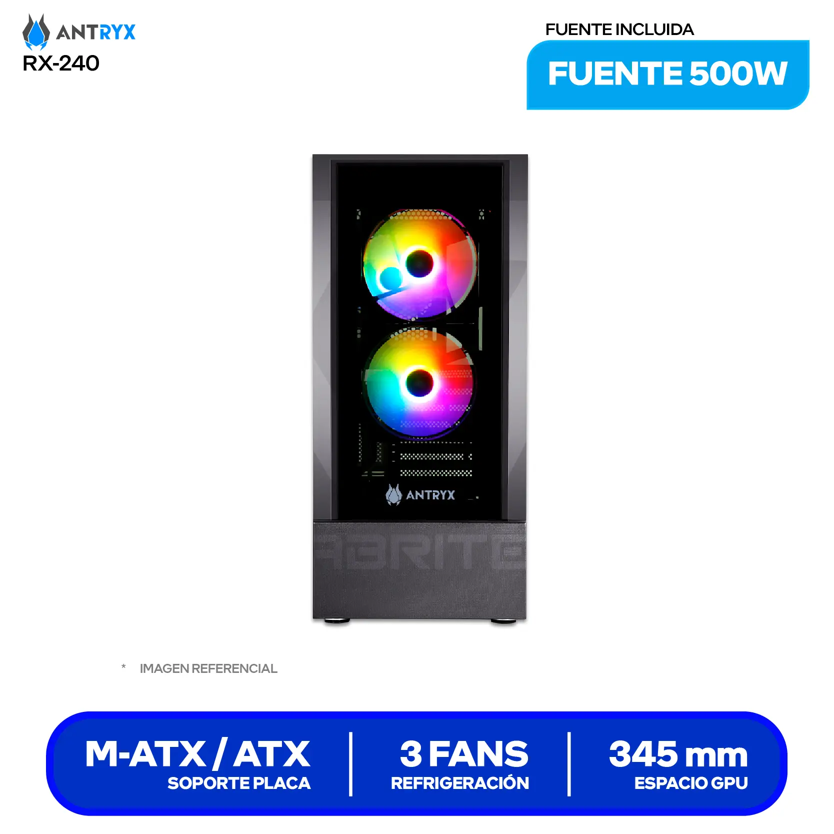 Case Antryx RX-240 (AC-RX240KFR-500CP) Con fuente de 500W, Vidrio templado, 3 fans Fixed-RGB