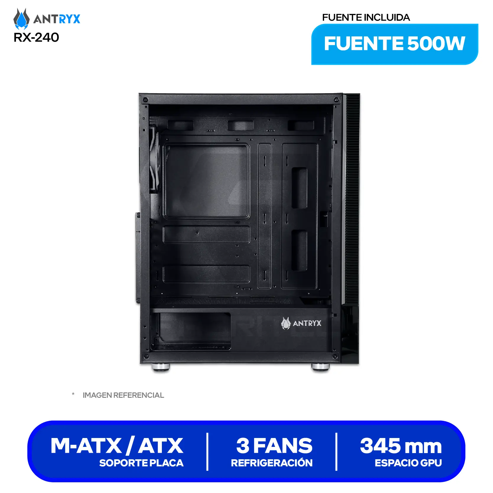 Case Antryx RX-240 (AC-RX240KFR-500CP) Con fuente de 500W, Vidrio templado, 3 fans Fixed-RGB