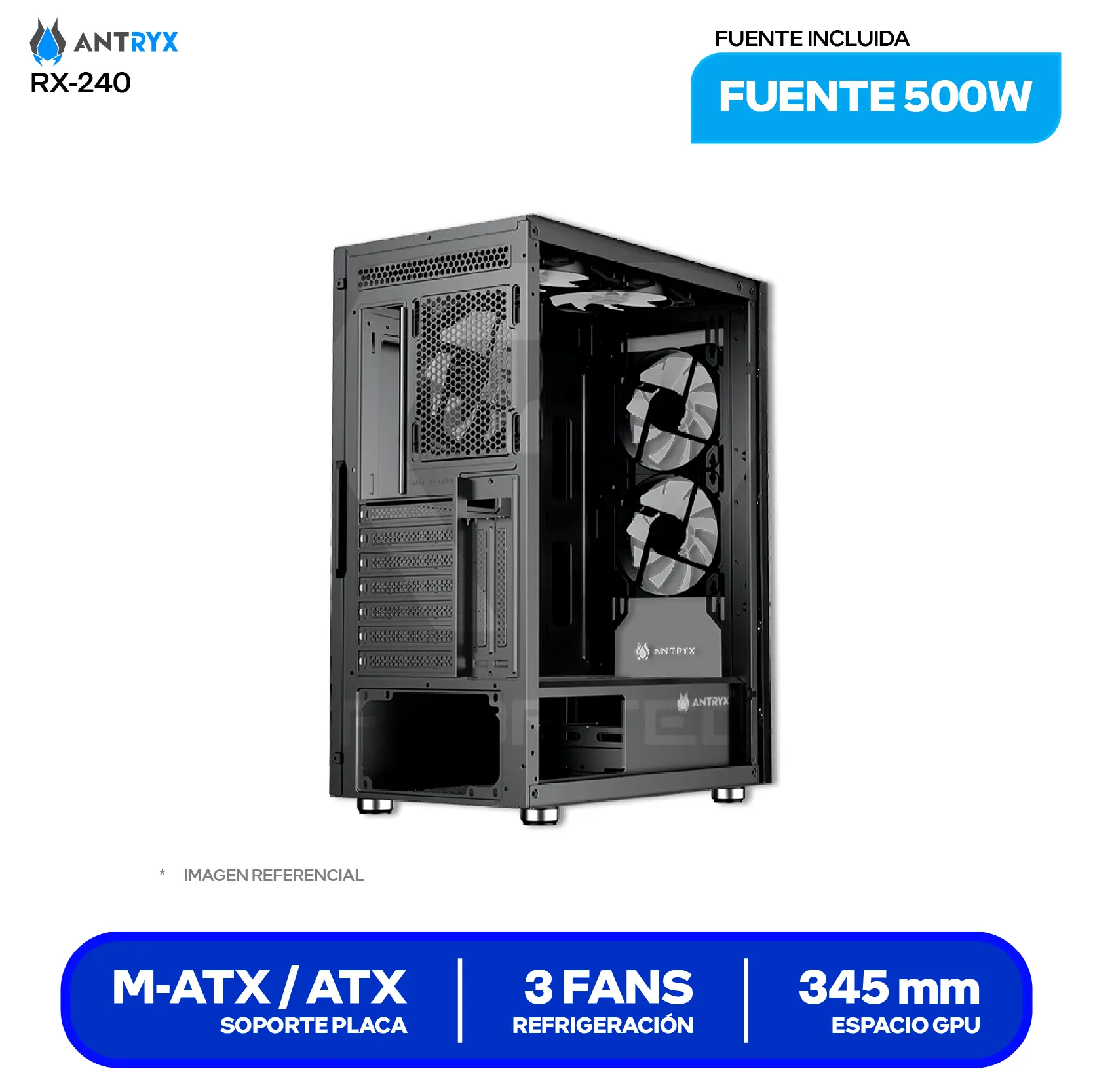 Case Antryx RX-240 (AC-RX240KFR-500CP) Con fuente de 500W, Vidrio templado, 3 fans Fixed-RGB