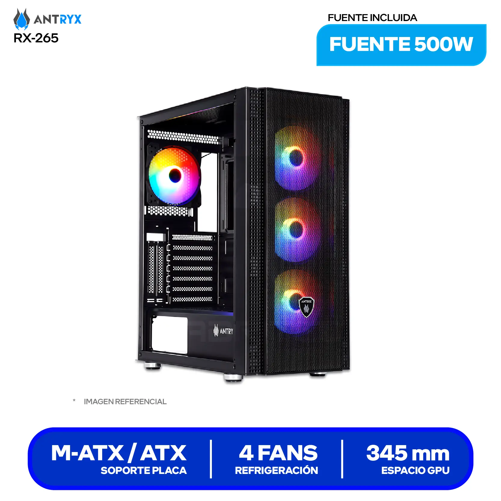 Case Antryx RX-265 (AC-RX265KFR-500CP) Fuente de 500W, Vidrio templado, 4 fans Fixed-RGB