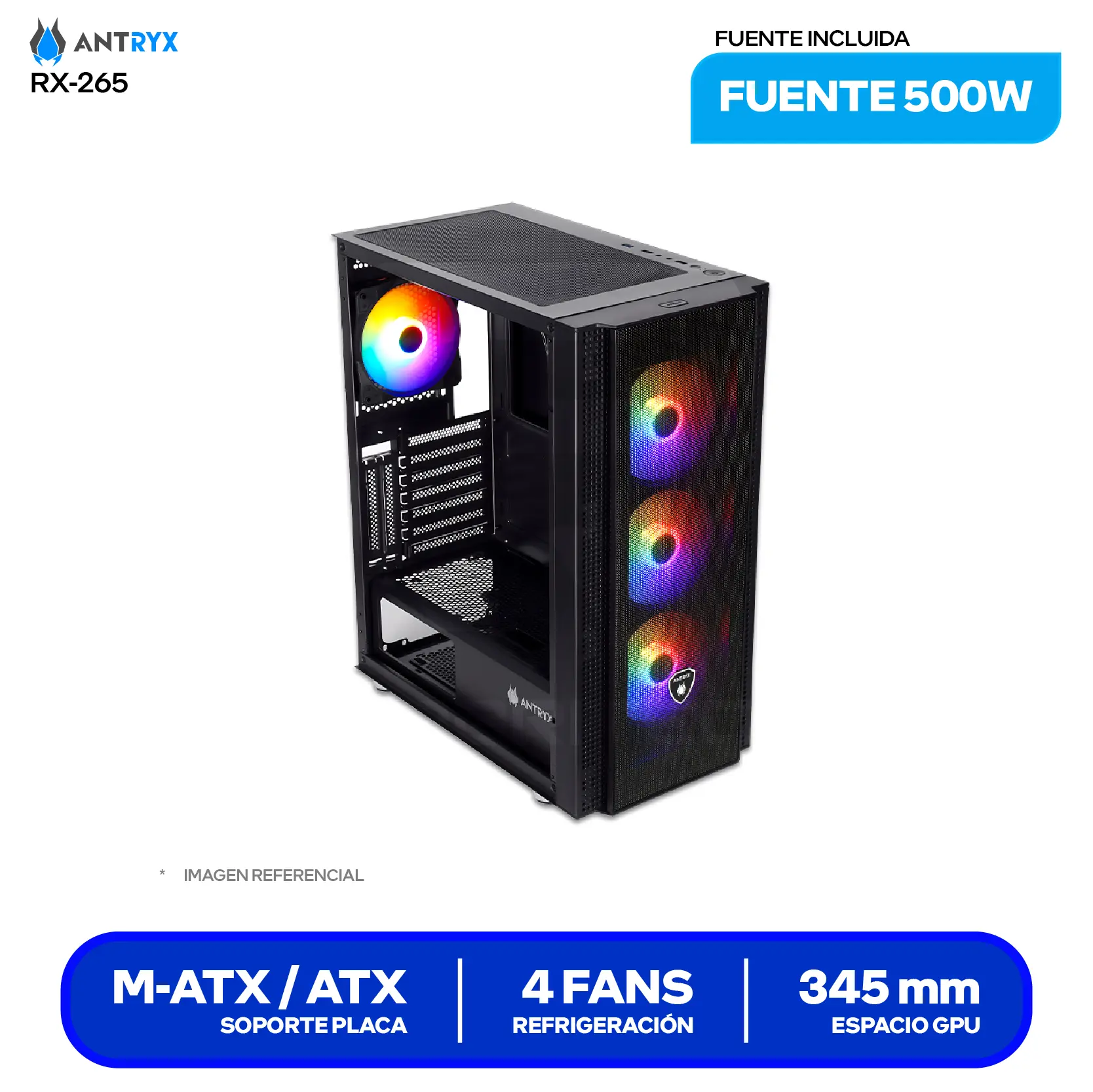 Case Antryx RX-265 (AC-RX265KFR-500CP) Fuente de 500W, Vidrio templado, 4 fans Fixed-RGB