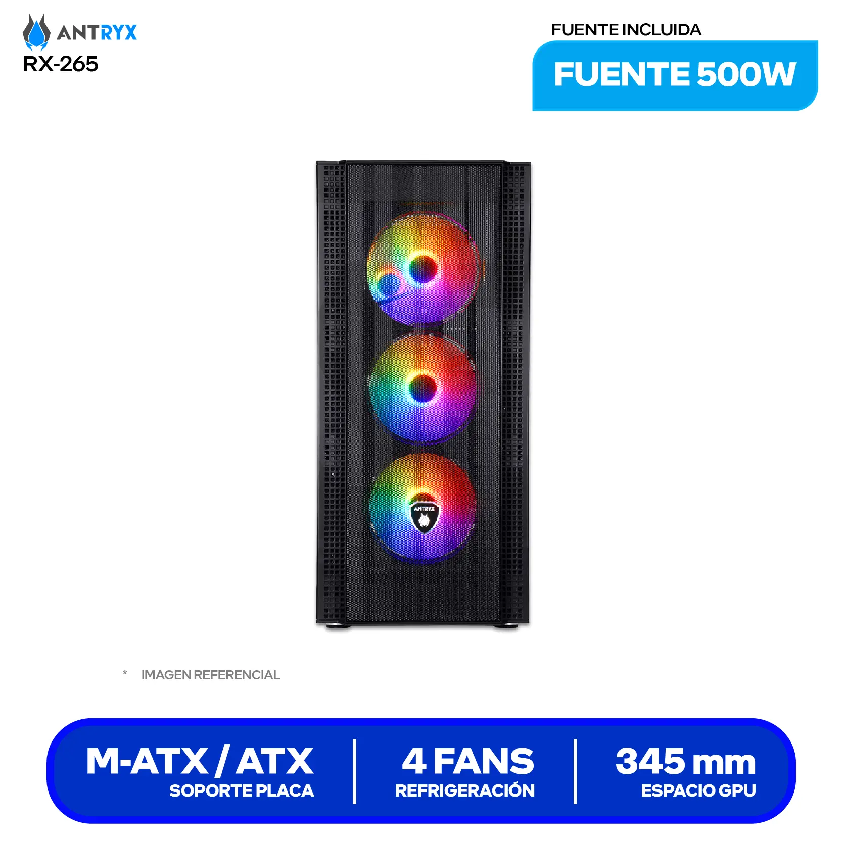 Case Antryx RX-265 (AC-RX265KFR-500CP) Fuente de 500W, Vidrio templado, 4 fans Fixed-RGB