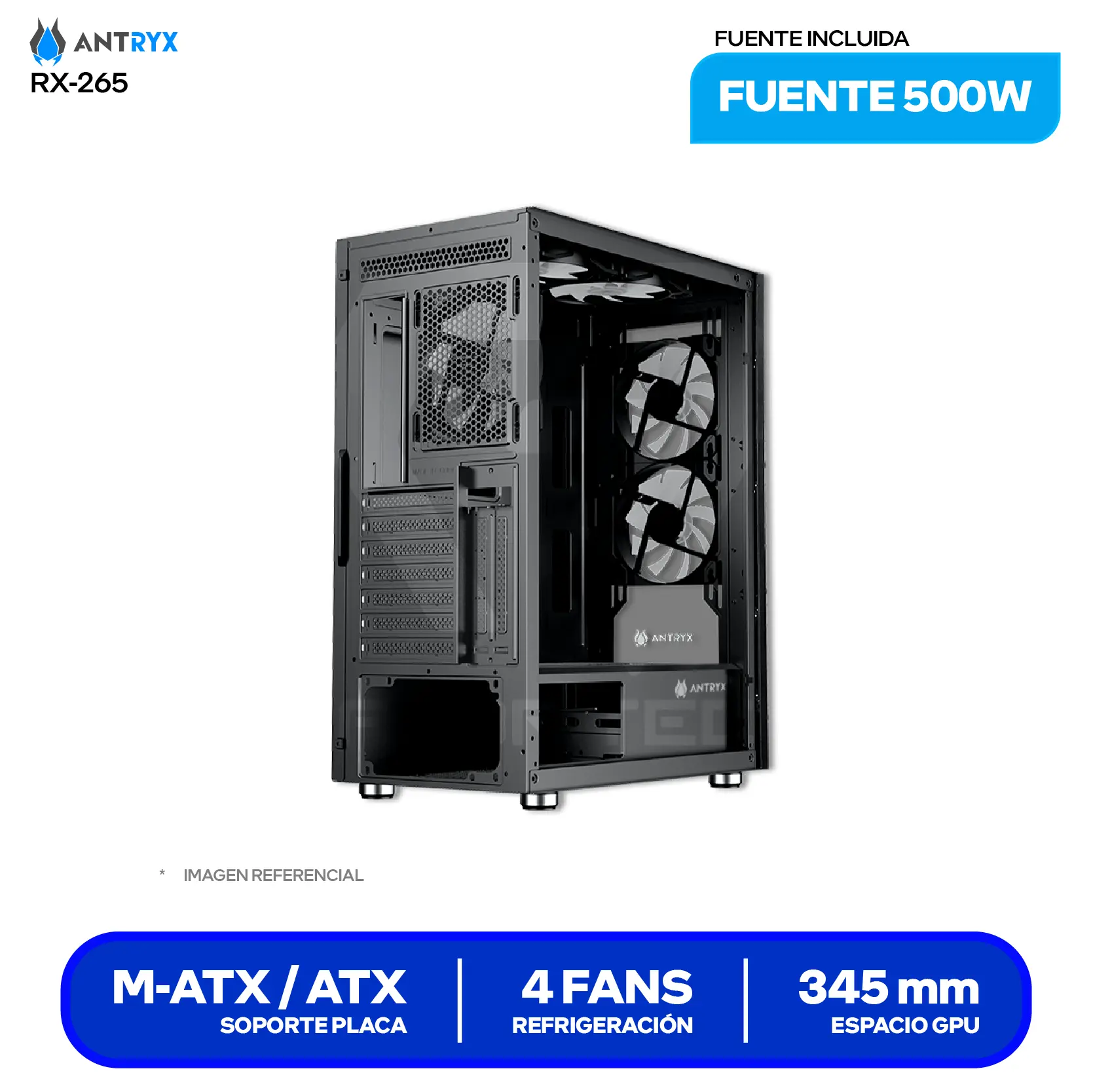 Case Antryx RX-265 (AC-RX265KFR-500CP) Fuente de 500W, Vidrio templado, 4 fans Fixed-RGB