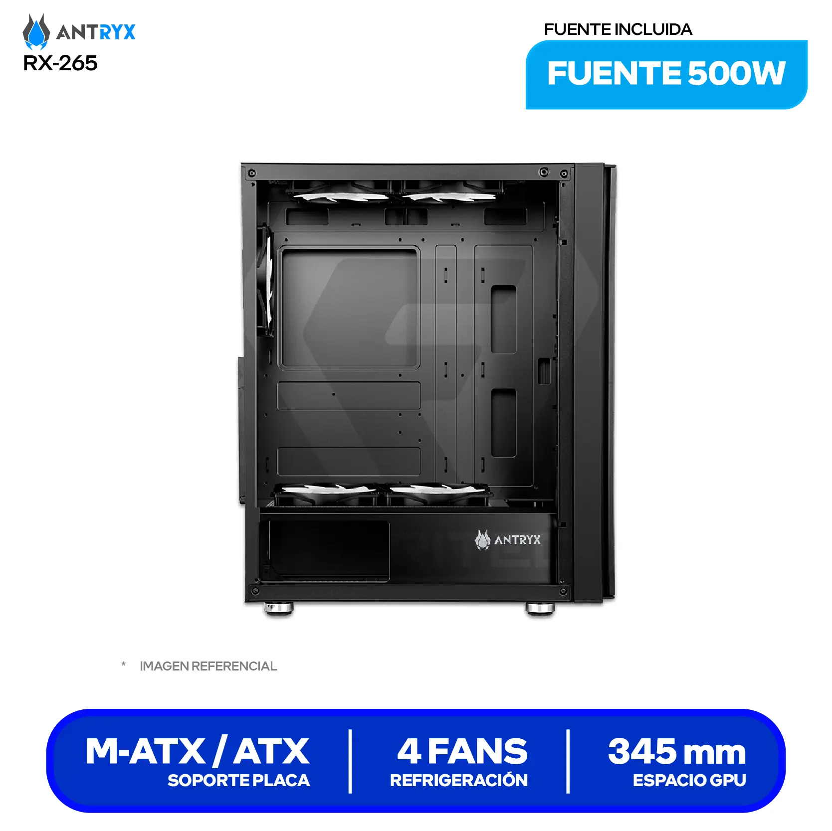 Case Antryx RX-265 (AC-RX265KFR-500CP) Fuente de 500W, Vidrio templado, 4 fans Fixed-RGB