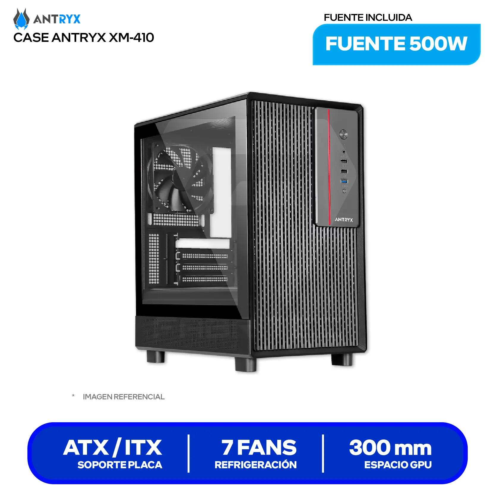 Case Antryx Xtreme Micro XM-410 (AC-XM410-500CP) Fuente de 500W, Vidrio templado, 1 fan