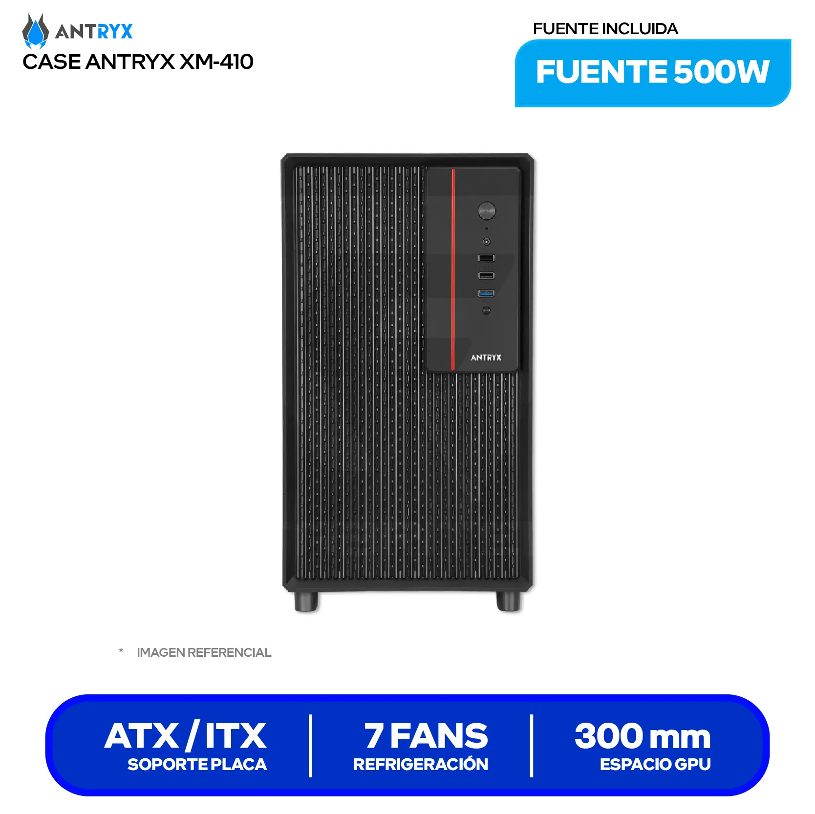 Case Antryx Xtreme Micro XM-410 (AC-XM410-500CP) Fuente de 500W, Vidrio templado, 1 fan