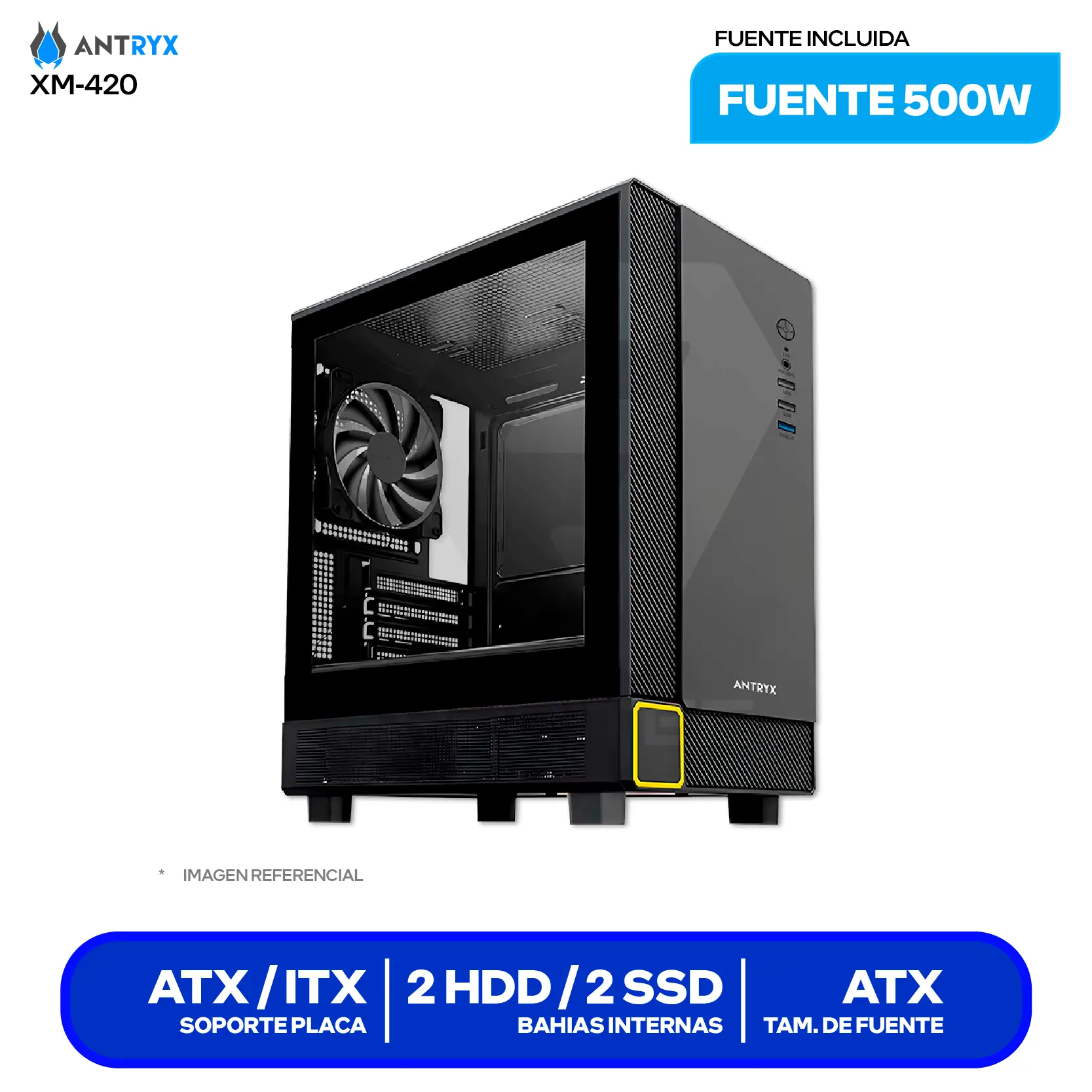 Case Antryx Xtreme Micro XM-420 (AC-XM420-500CP) Con fuente de 500W, Vidrio templado, 1 fan