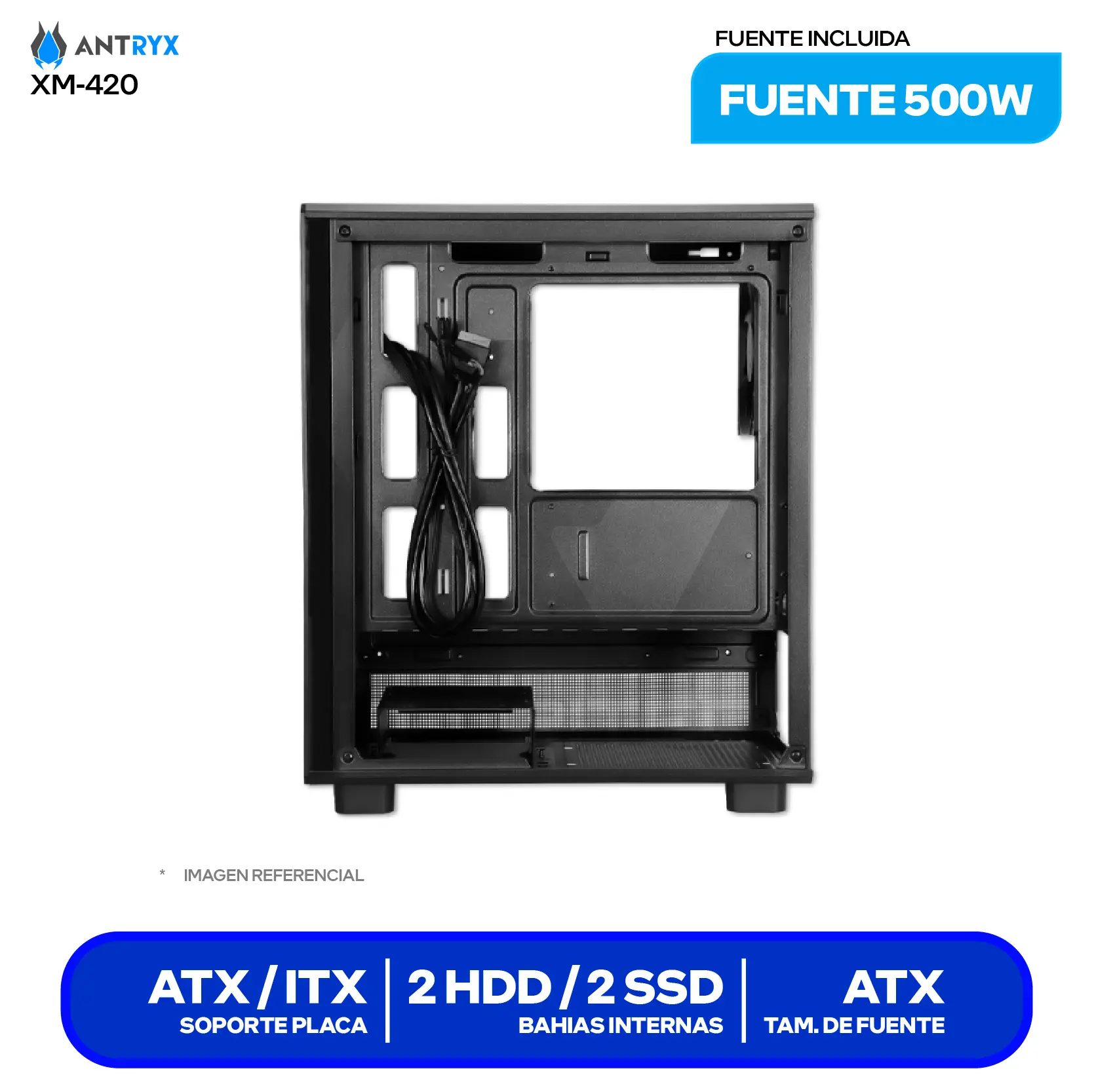 Case Antryx Xtreme Micro XM-420 (AC-XM420-500CP) Con fuente de 500W, Vidrio templado, 1 fan