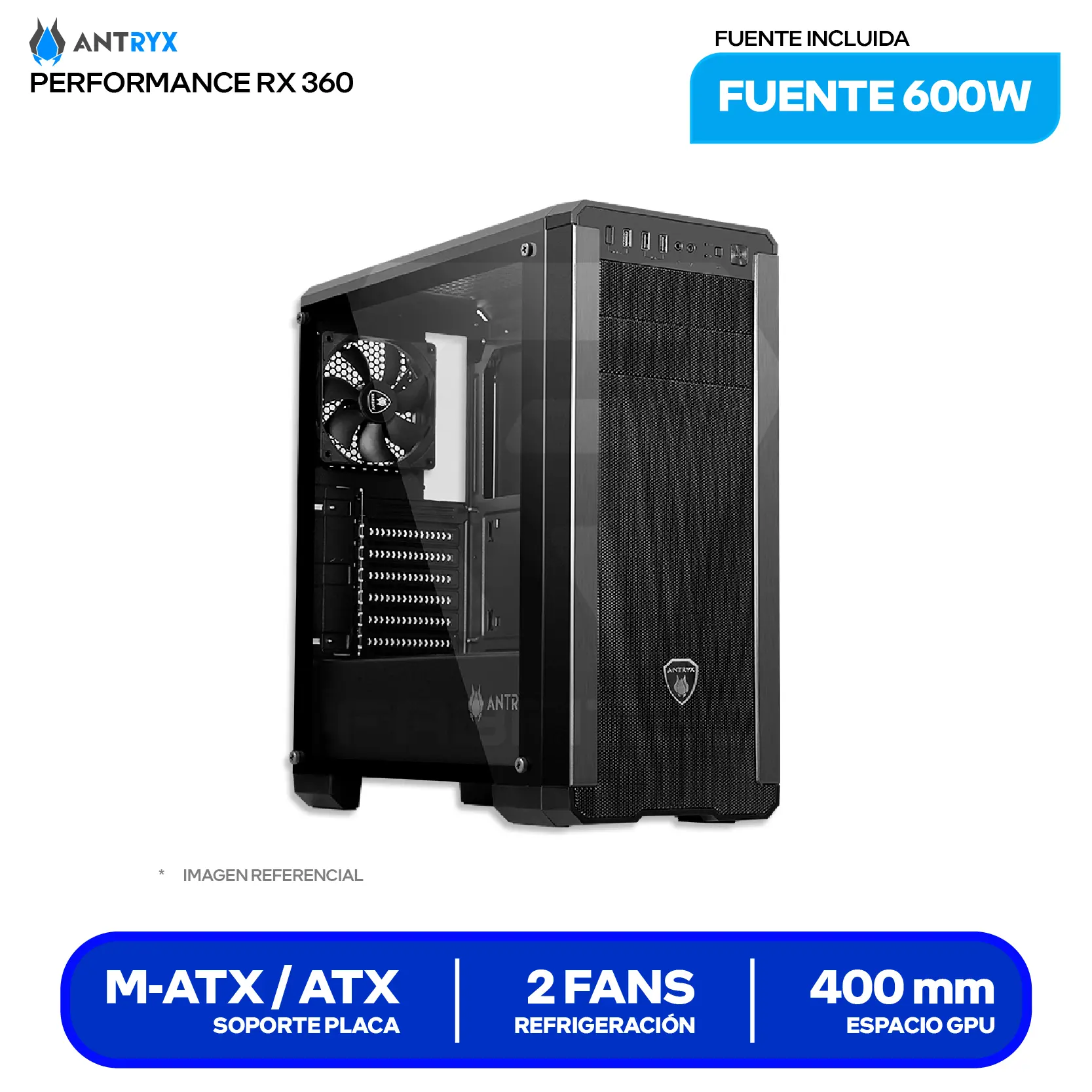 Case Antryx RX 360 Performance (AC-RX360K3-600CP) Con fuente de 600W, Vidrio templado, 2 fans