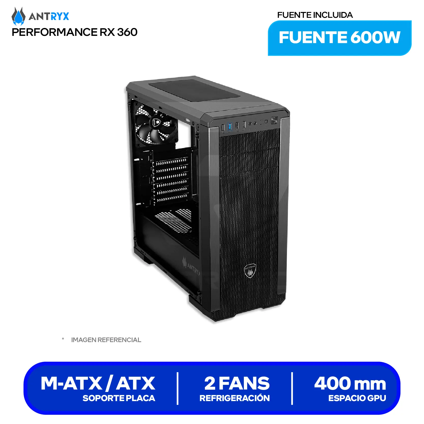 Case Antryx RX 360 Performance (AC-RX360K3-600CP) Con fuente de 600W, Vidrio templado, 2 fans