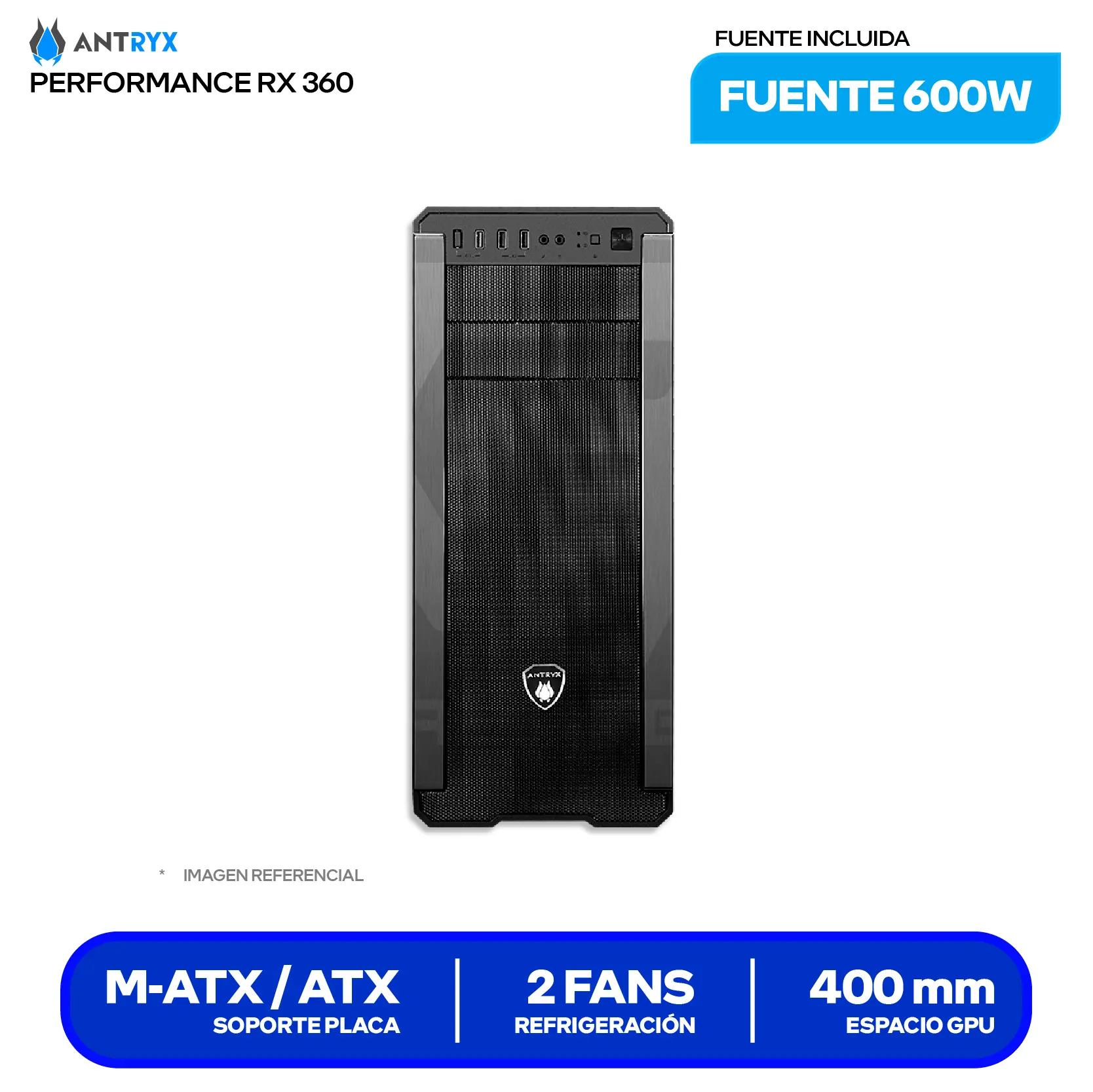 Case Antryx RX 360 Performance (AC-RX360K3-600CP) Con fuente de 600W, Vidrio templado, 2 fans