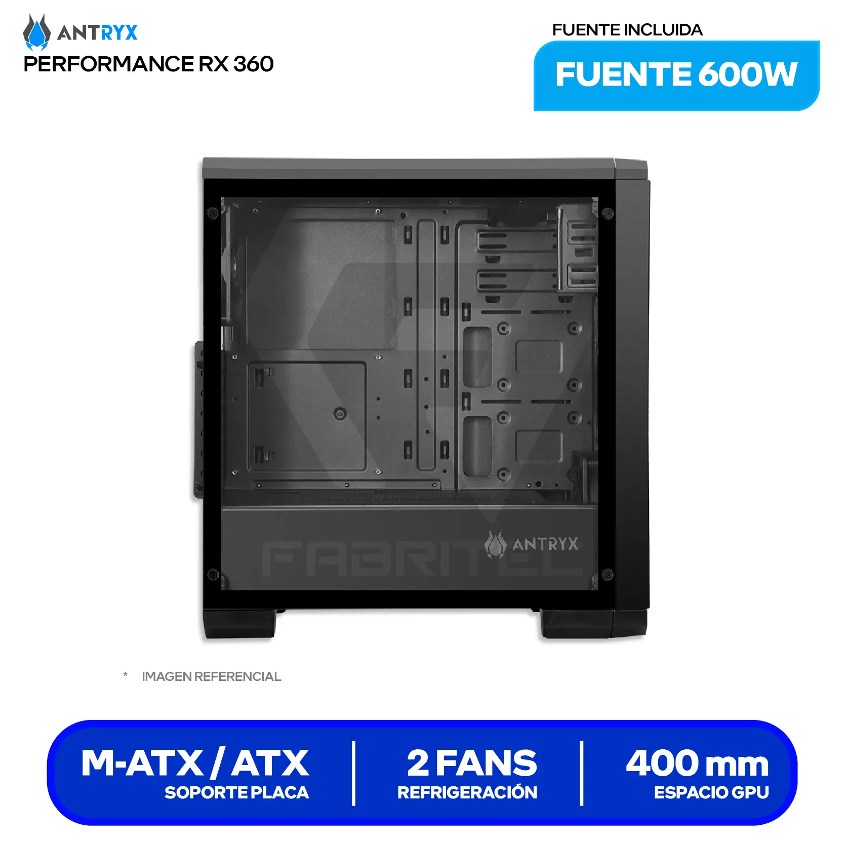 Case Antryx RX 360 Performance (AC-RX360K3-600CP) Con fuente de 600W, Vidrio templado, 2 fans