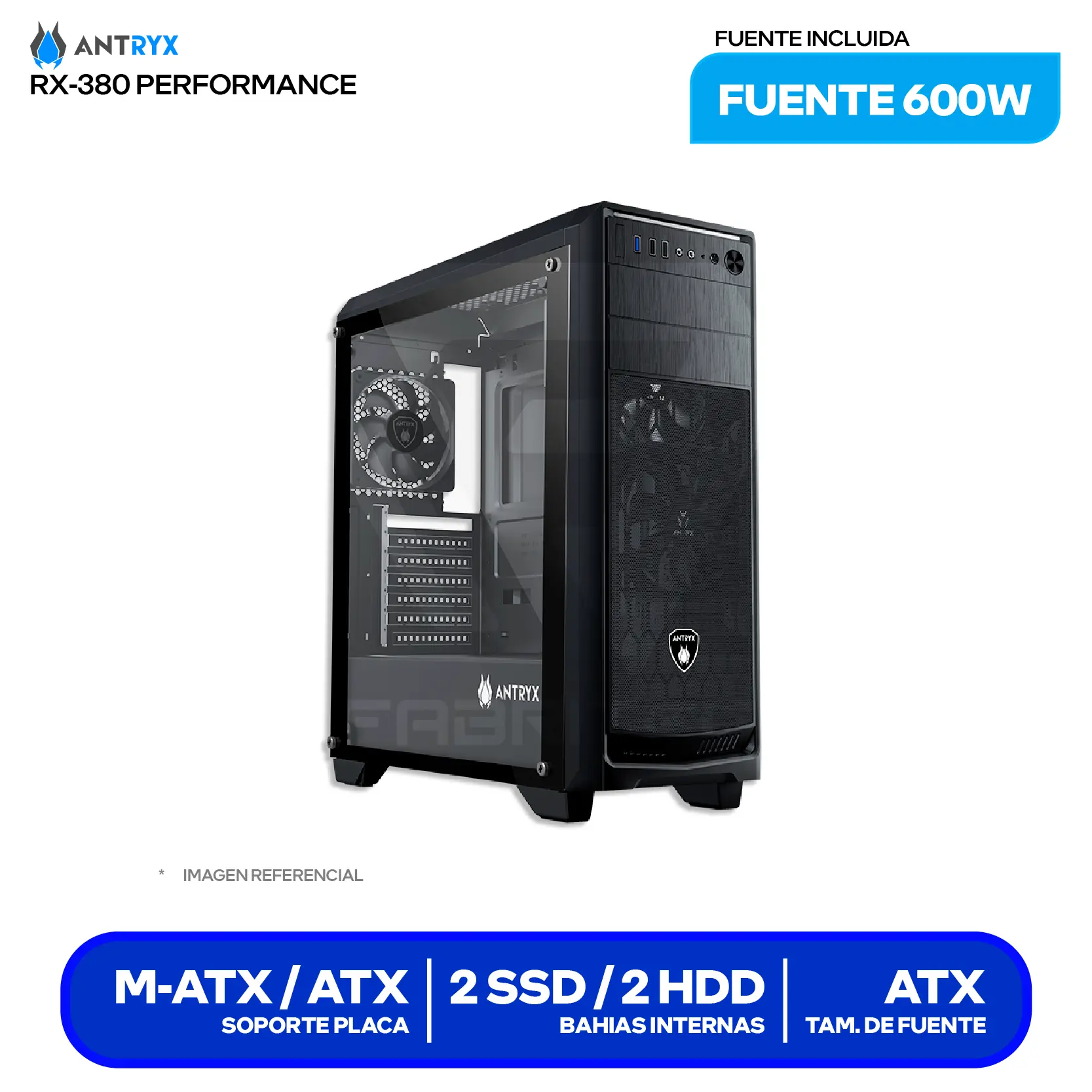 Case Antryx RX 380 Performance (AC-RX380PK-600CP) Con fuente de 600W, Vidrio templado, 2 fans