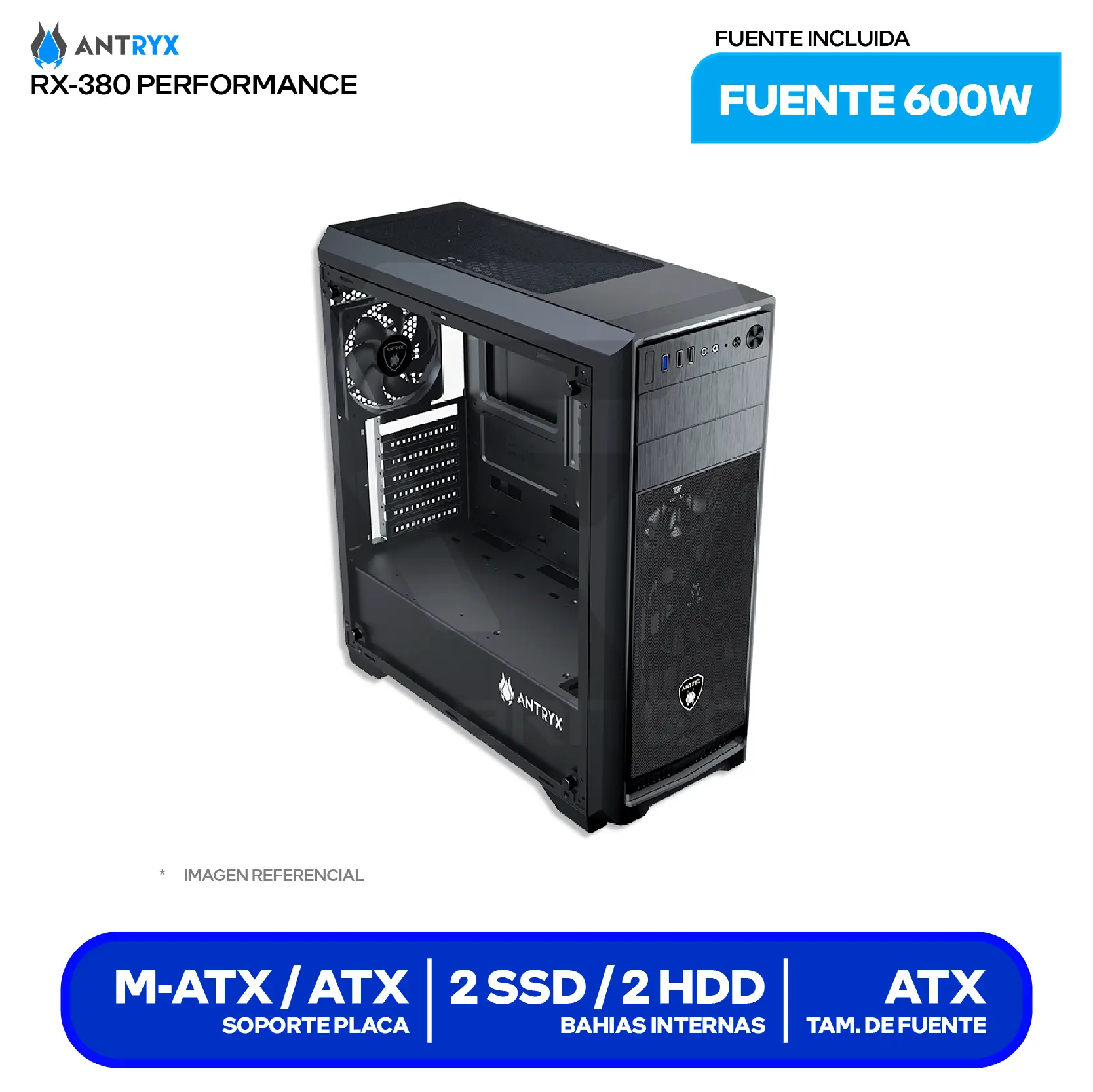 Case Antryx RX 380 Performance (AC-RX380PK-600CP) Con fuente de 600W, Vidrio templado, 2 fans