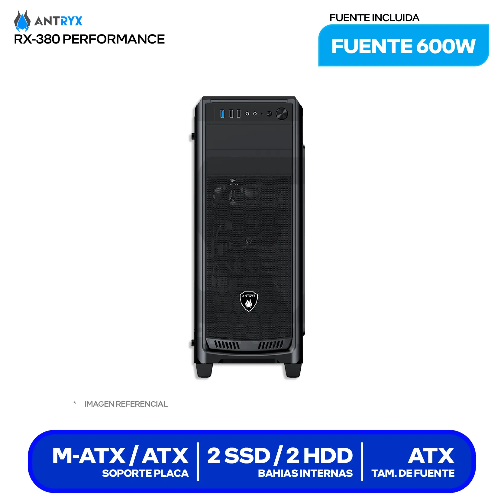 Case Antryx RX 380 Performance (AC-RX380PK-600CP) Con fuente de 600W, Vidrio templado, 2 fans