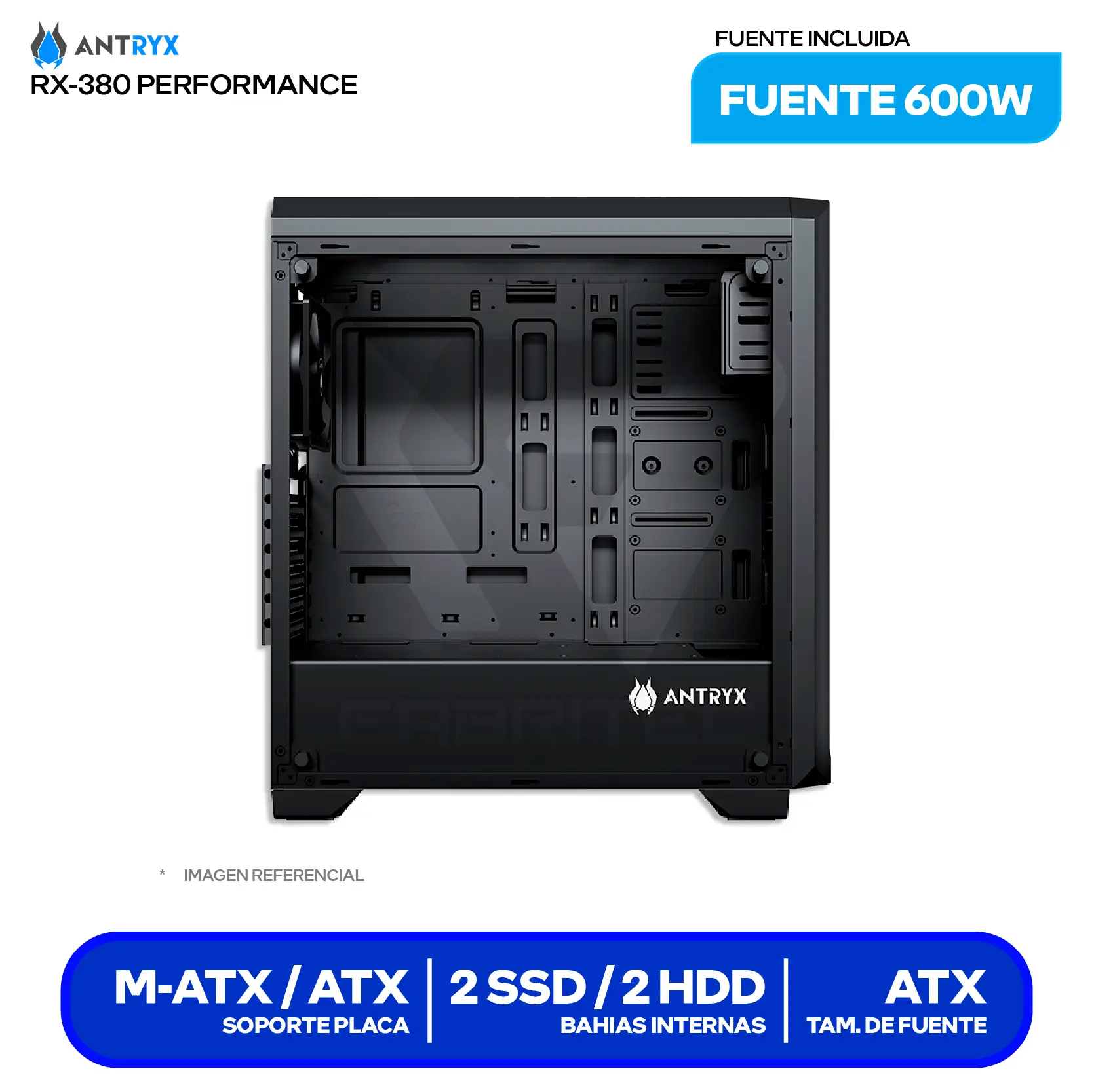 Case Antryx RX 380 Performance (AC-RX380PK-600CP) Con fuente de 600W, Vidrio templado, 2 fans