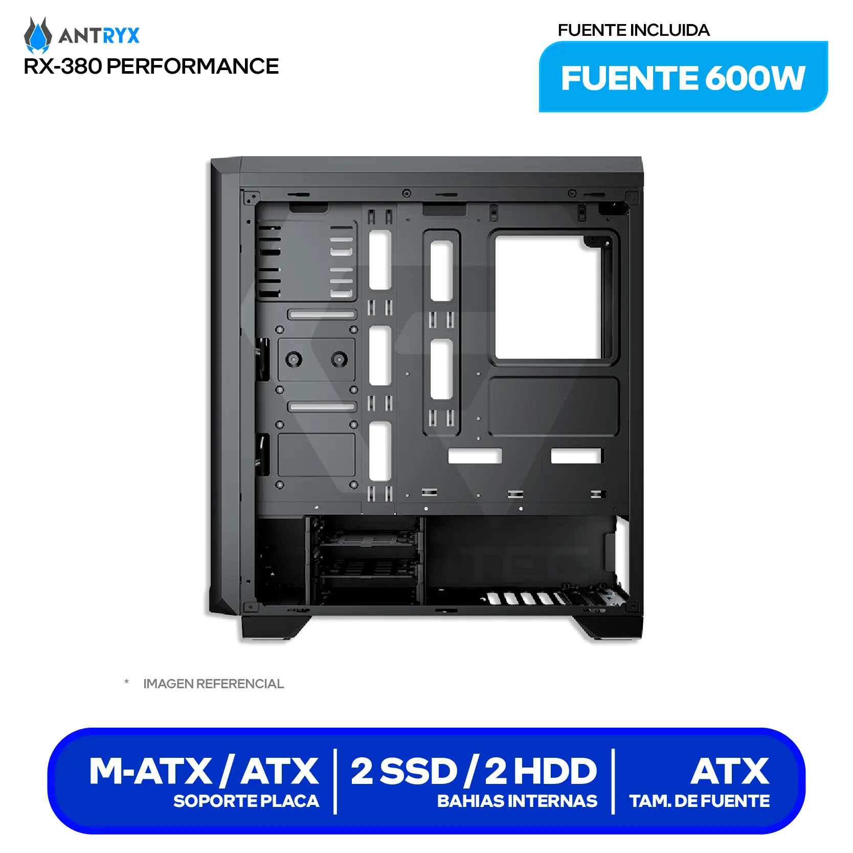 Case Antryx RX 380 Performance (AC-RX380PK-600CP) Con fuente de 600W, Vidrio templado, 2 fans