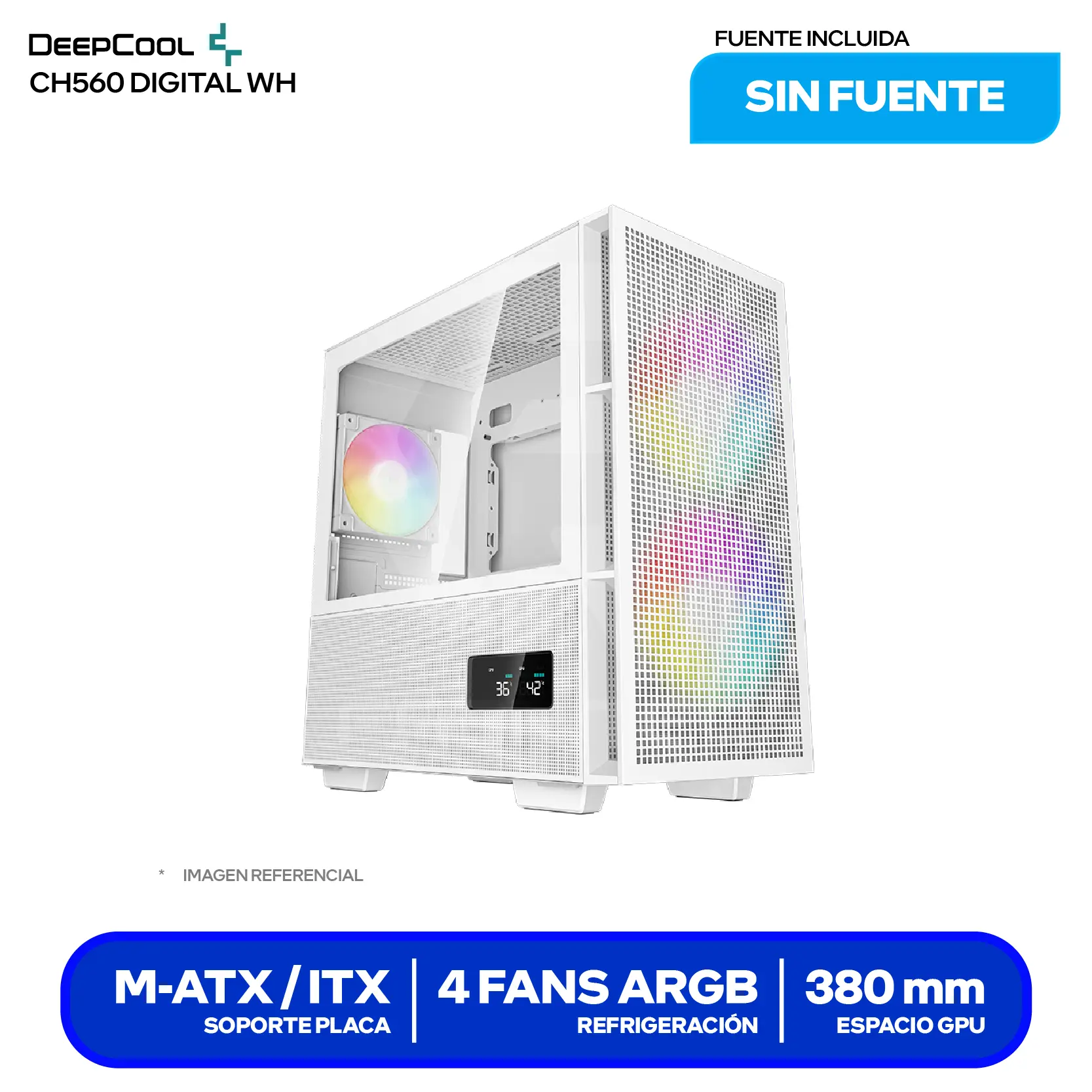 Case DeepCool CH560 Digital White (R-CH560-WHAPE4D-G-1) Sin fuente, Vidrio templado, 4 fans ARGB, Con pantalla digital