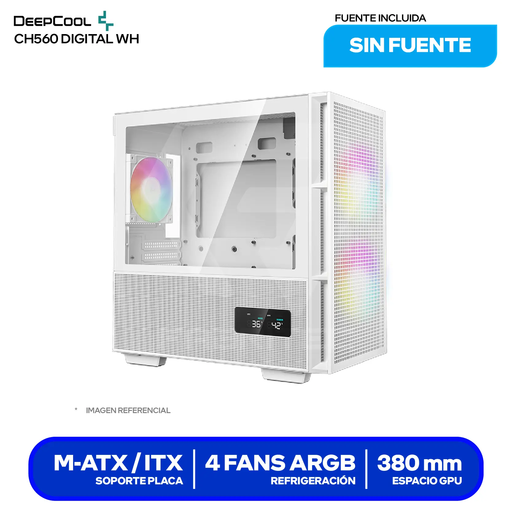 Case DeepCool CH560 Digital White (R-CH560-WHAPE4D-G-1) Sin fuente, Vidrio templado, 4 fans ARGB, Con pantalla digital
