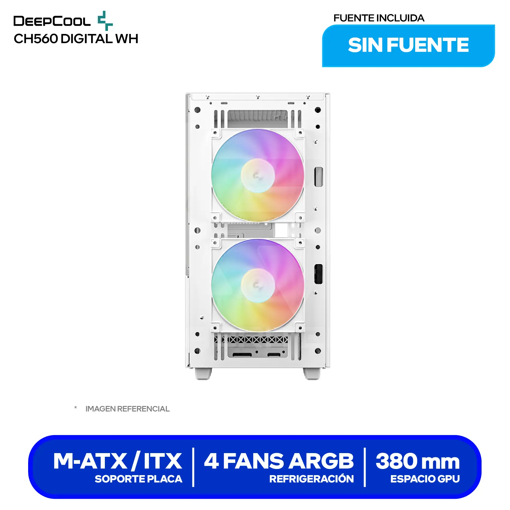 Case DeepCool CH560 Digital White (R-CH560-WHAPE4D-G-1) Sin fuente, Vidrio templado, 4 fans ARGB, Con pantalla digital